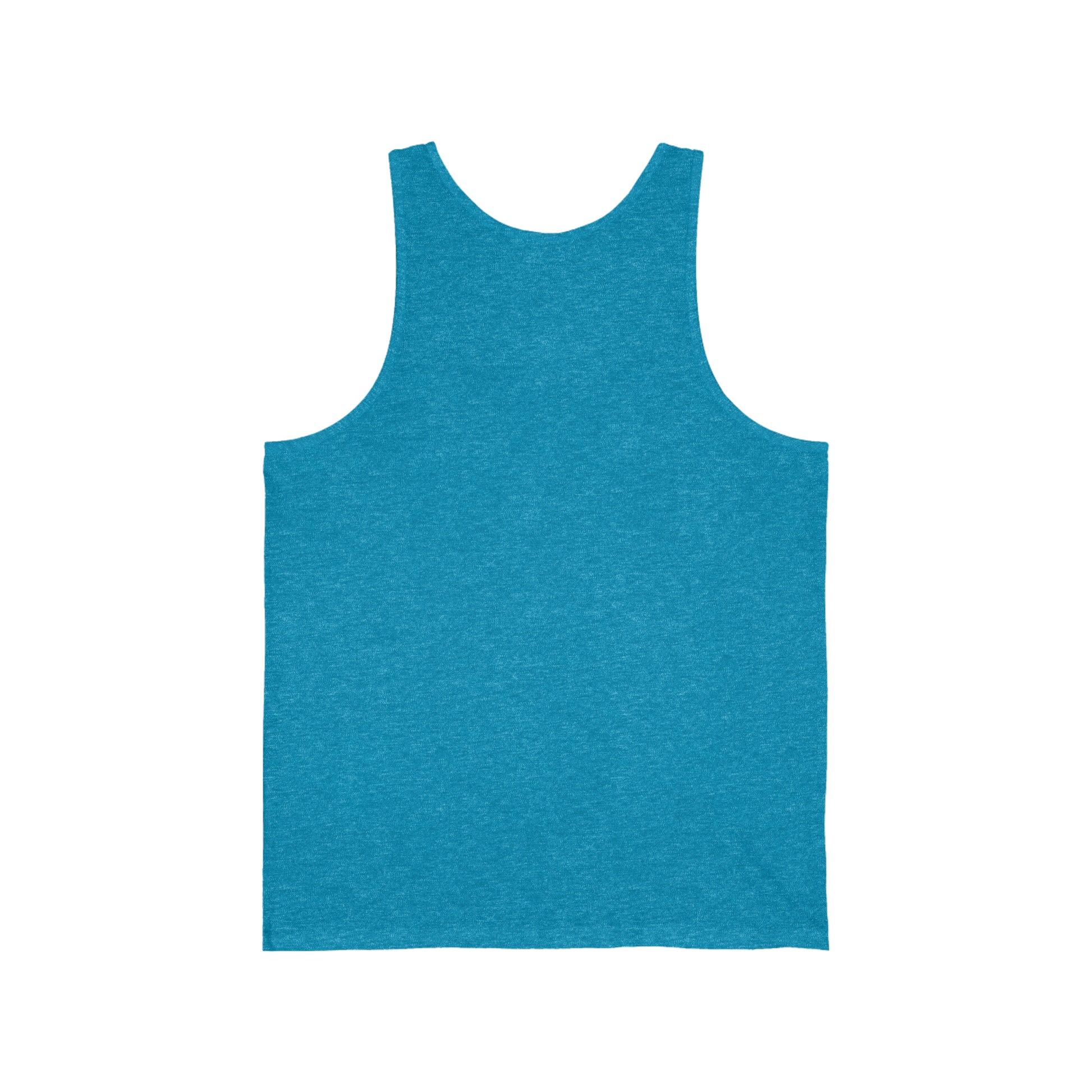 A Printify Unisex Jersey Tank in plain blue on a white background, purchased in Cabbagetown, Toronto.