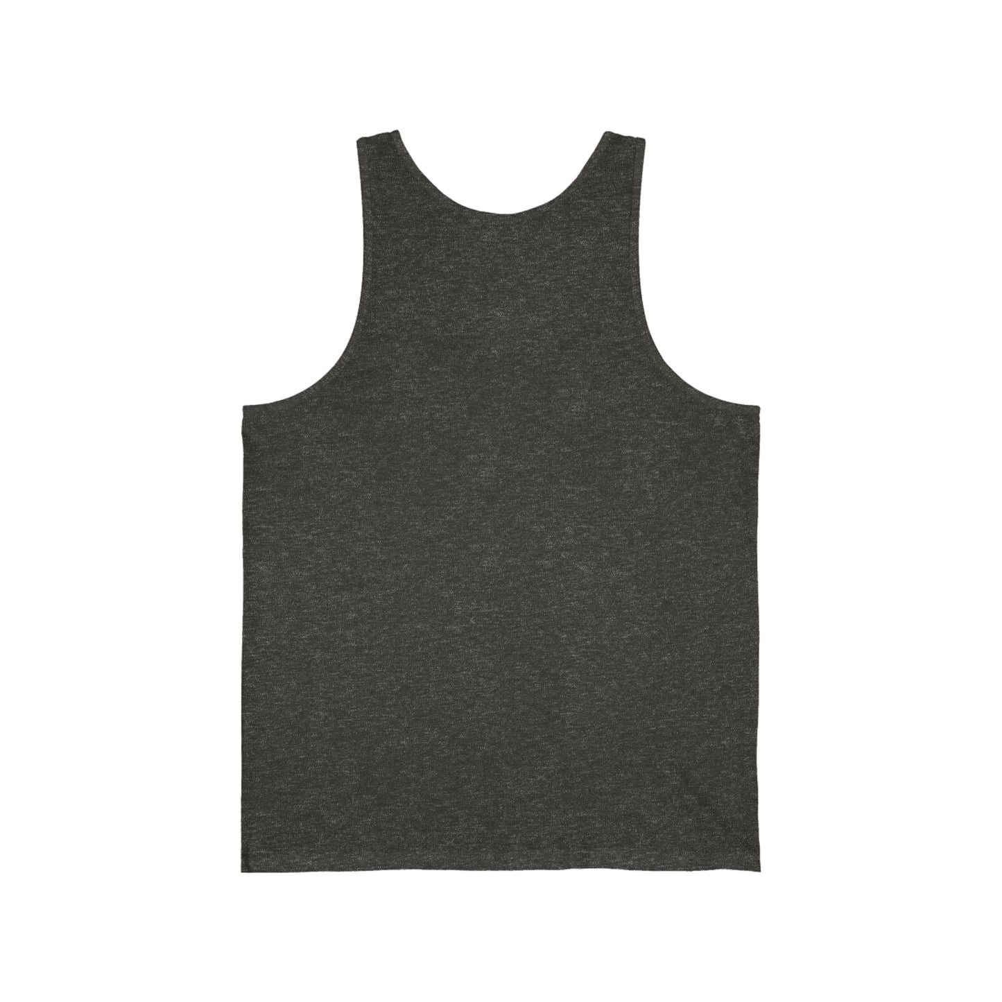 A Printify Unisex Jersey Tank in dark gray displayed against a white background, purchased in Cabbagetown, Toronto. The tank top features a scoop neckline and has a sleeveless design.