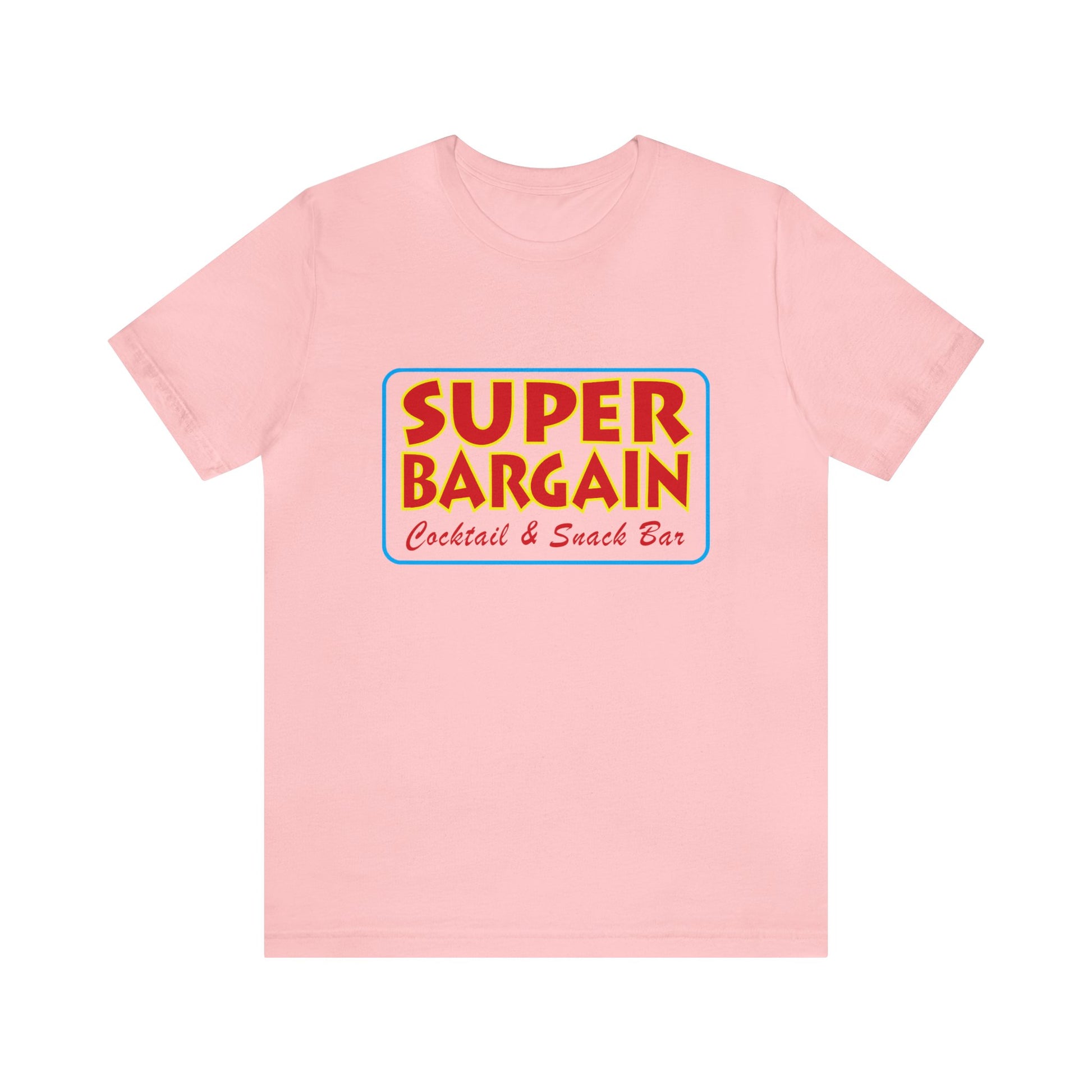 A light pink Printify Unisex Jersey Short Sleeve Tee featuring a colorful retro design with the words "SUPER BARGAIN Cabbagetown Cocktail & Snack Bar" on the chest area.
