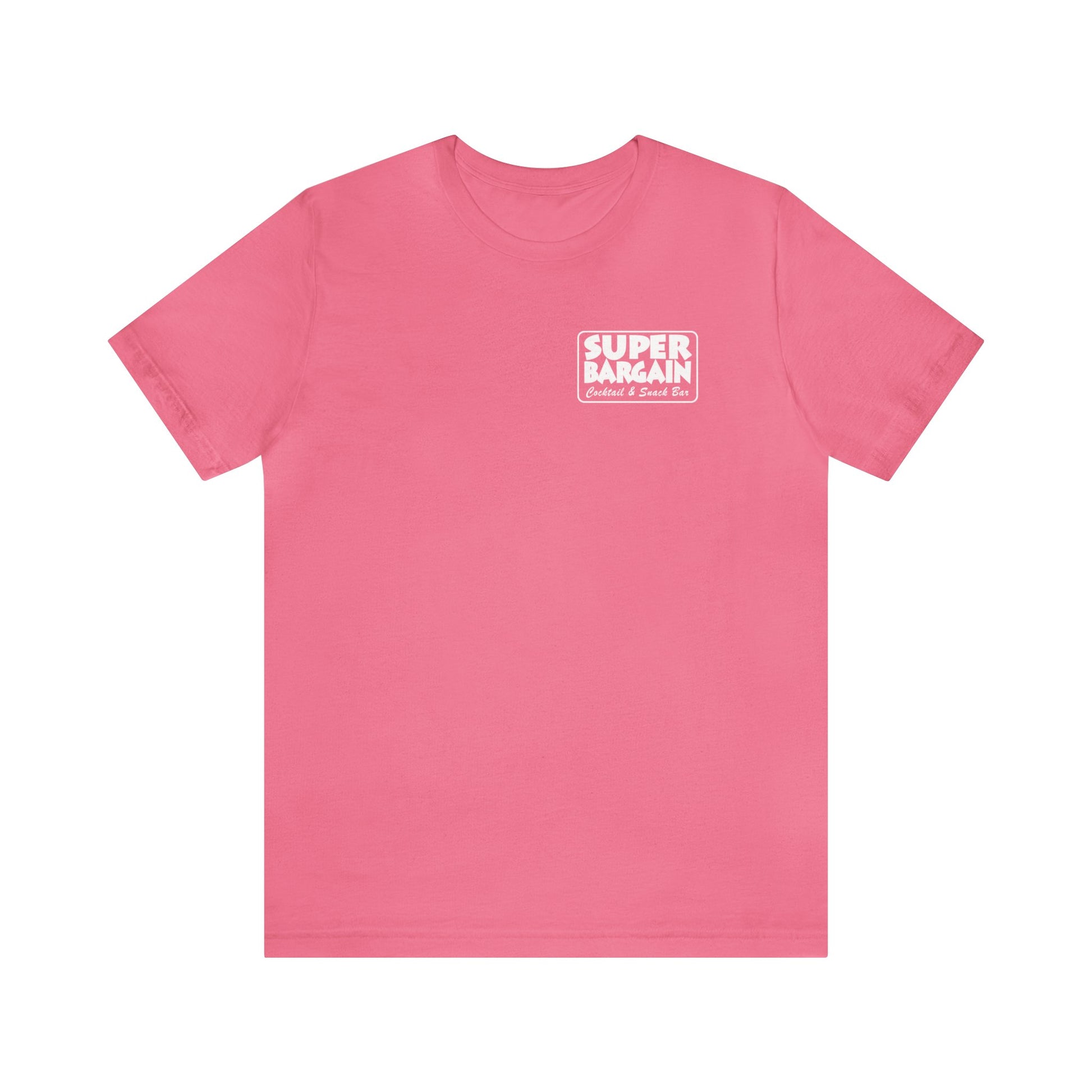 A pink Unisex Jersey Short Sleeve Monochrome Logo Tee with the logo "SUPER BARGAIN TORONTO" in bold red and white text on the left chest area. The shirt is displayed against a white background. (Printify)