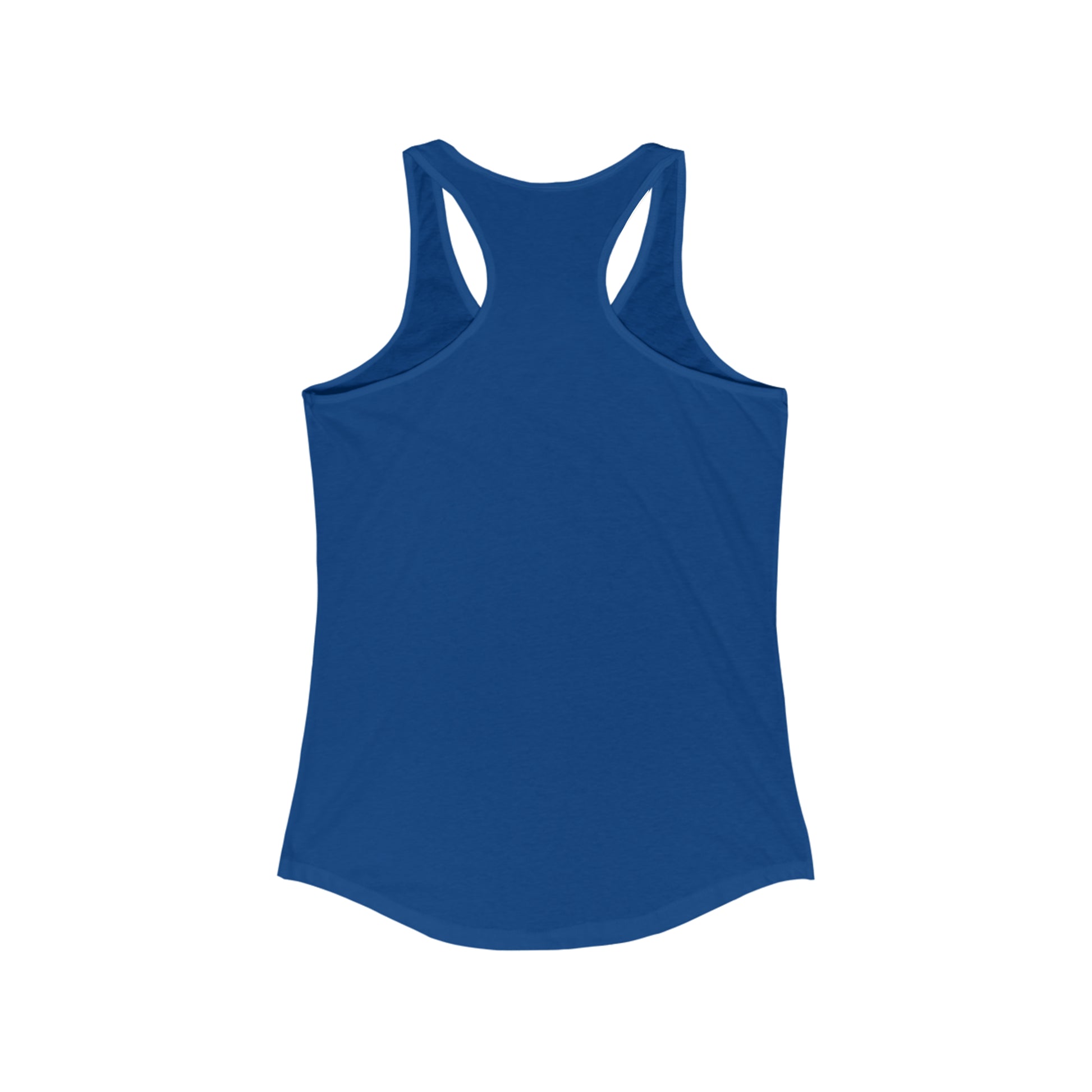 A plain blue Printify women's logo racerback tank top isolated on a white background, photographed in Cabbagetown, Toronto.