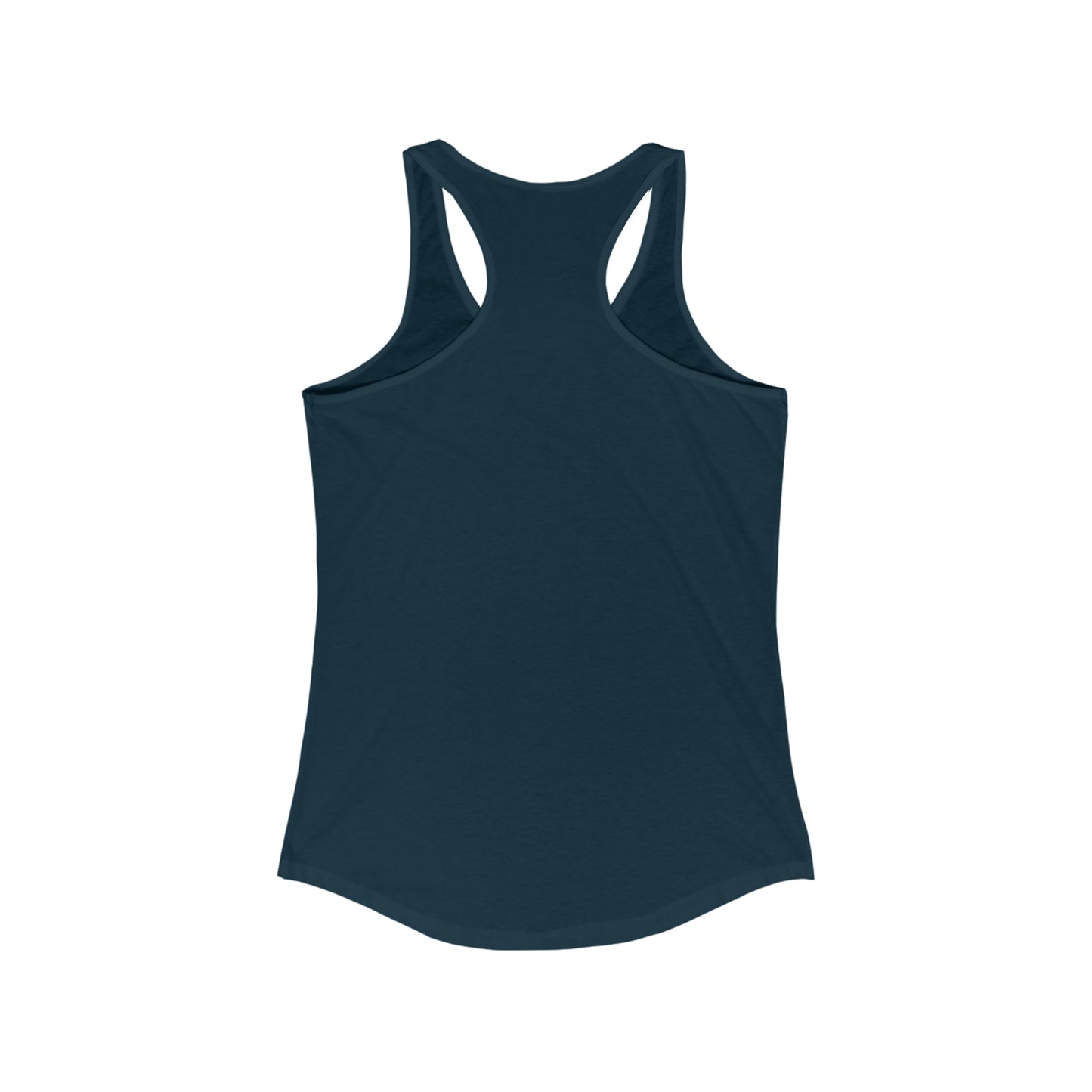 Dark teal Women's Logo Racerback Tank by Printify displayed against a plain white background. The top, inspired by Toronto's Cabbagetown style, features a scoop neck and a slightly curved hem.