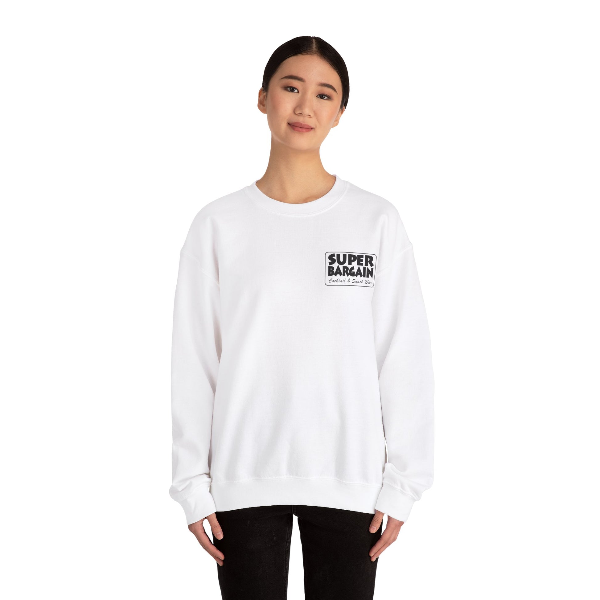 A young woman wearing a white Unisex Heavy Blend™ Crewneck Monochrome Logo Sweatshirt by Printify, standing against a white background in Toronto.
