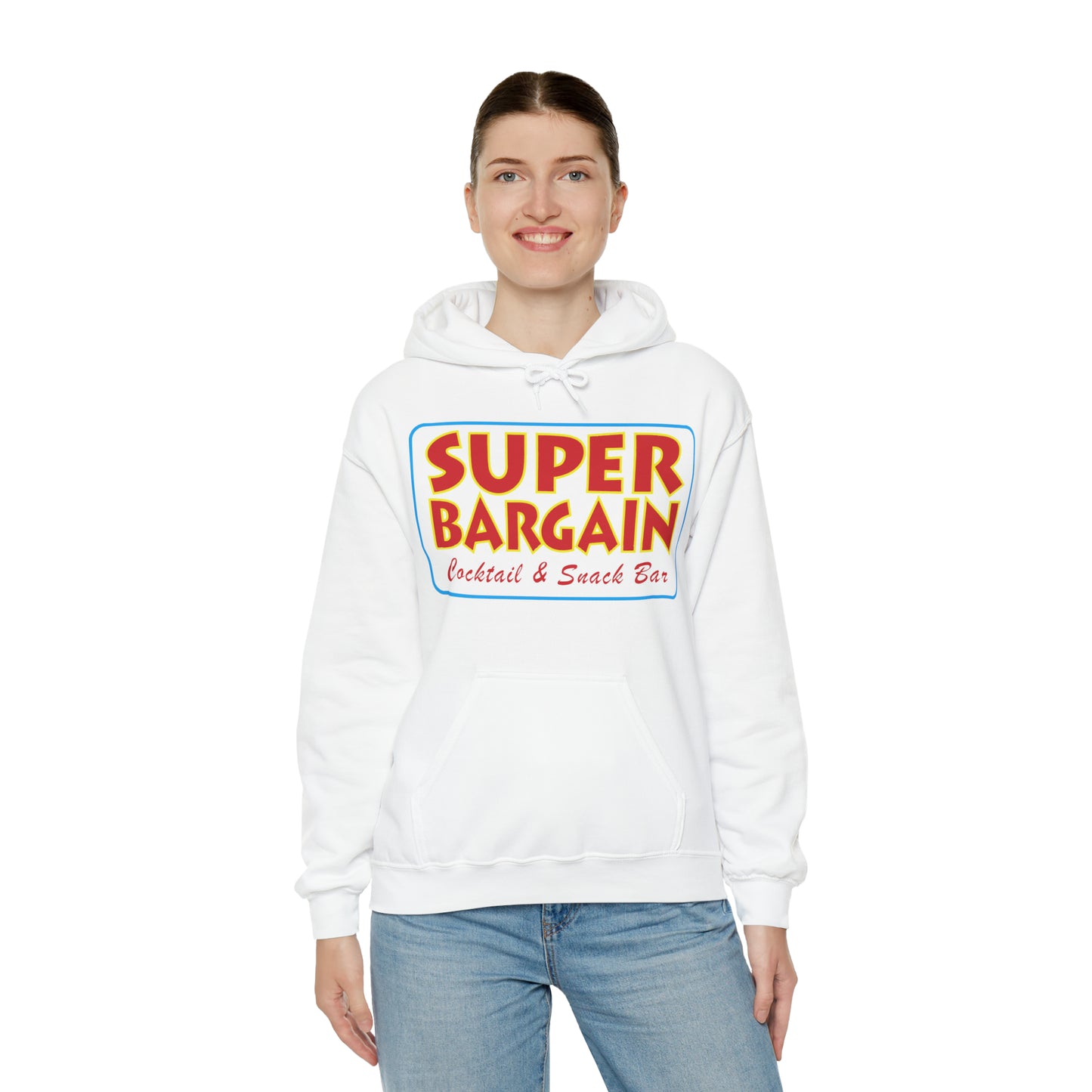 A woman smiling, wearing a white Unisex Heavy Blend™ Hooded Sweatshirt from Printify with the text "SUPER BARGAIN Cocktail & Snack Bar Cabbagetown" in colorful fonts on the front. She is also wearing blue jeans.