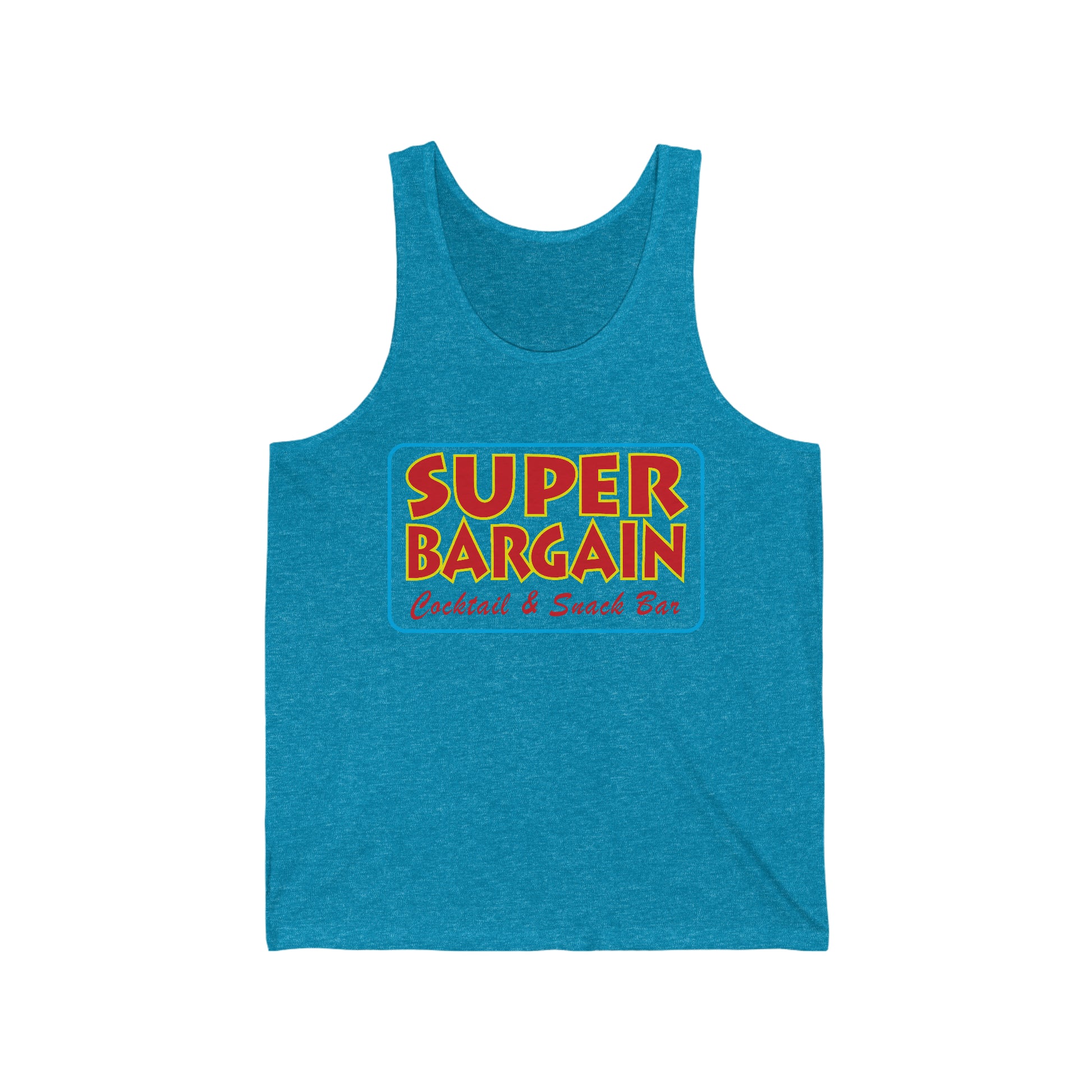 A Printify blue Unisex Jersey Tank featuring the phrase "SUPER BARGAIN" in bold yellow and red letters, with the subtitle "Coolest in Cabbagetown" below, all centered on the chest area.