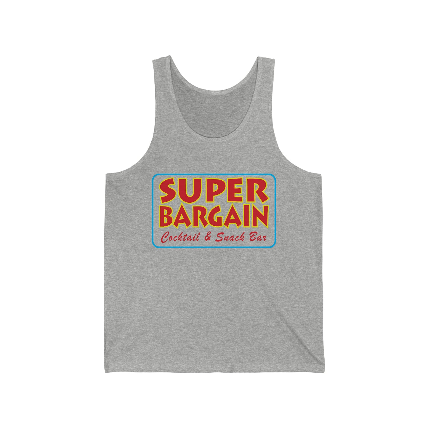 Printify Unisex Jersey Tank featuring a colorful logo that reads "SUPER BARGAIN Cocktail & Snack Bar, Cabbagetown Toronto" in retro style, positioned centrally on the chest area.