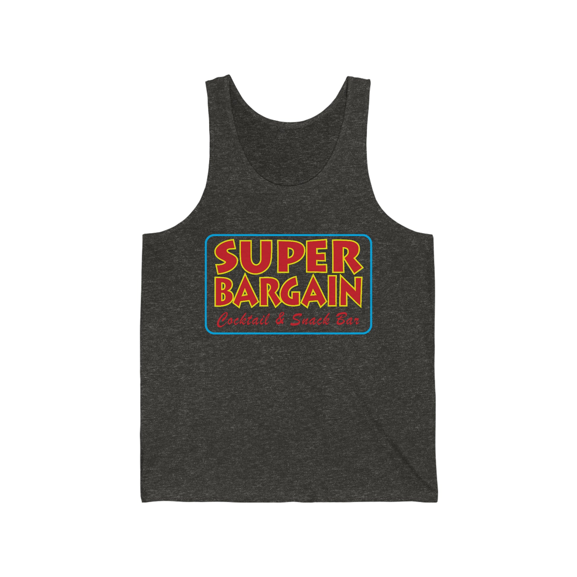 A gray Unisex Jersey Tank with a colorful print that reads "SUPER BARGAIN Cabbagetown Cocktails & Snack Bar" in a vibrant, retro style font, surrounded by a blue and red border by Printify.