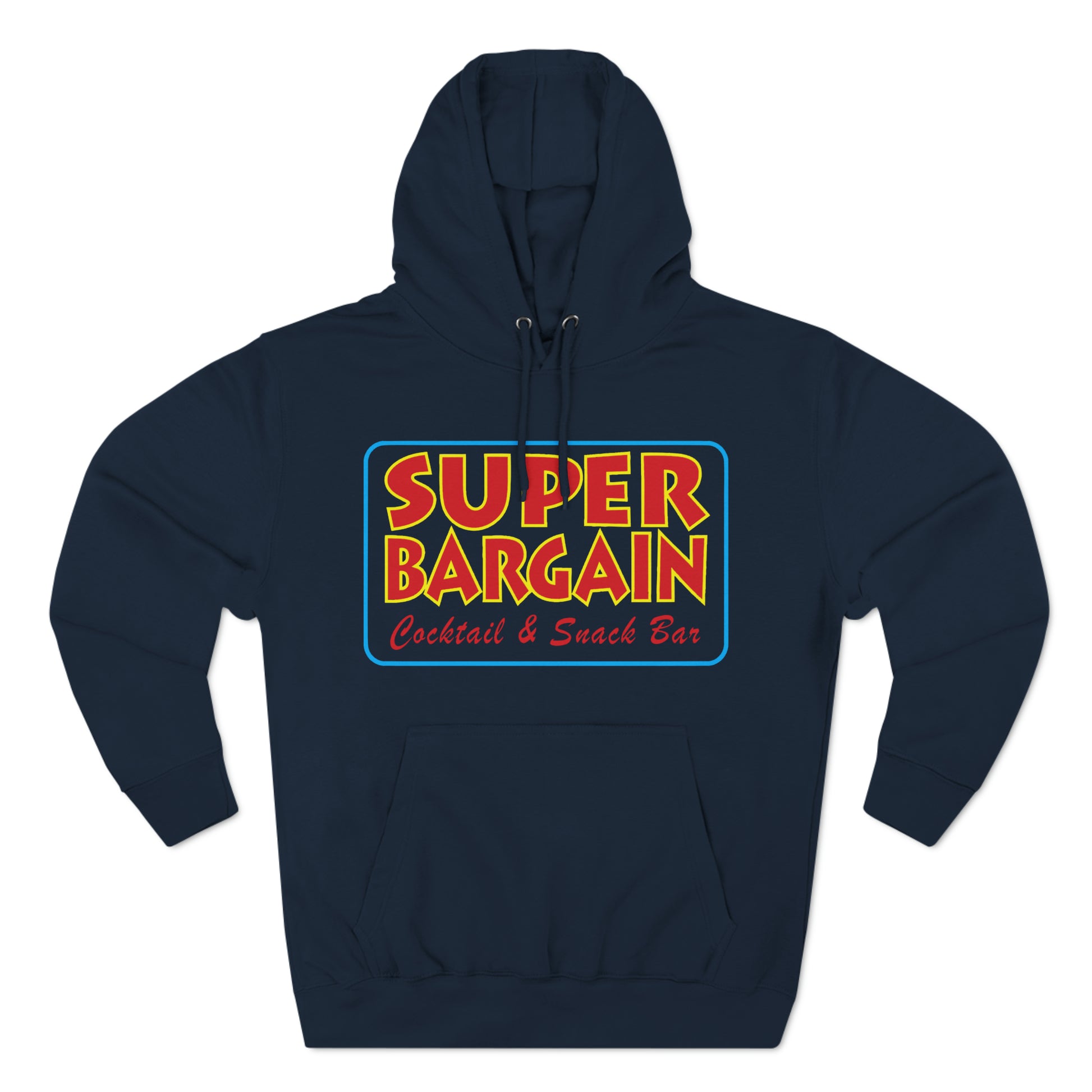 Dark blue Unisex Premium Pullover Hoodie with a colorful graphic on the front featuring the text "SUPER BARGAIN Cocktail & Snack Bar, Cabbagetown" in retro style. The hoodie has long sleeves and a front pouch by Printify.