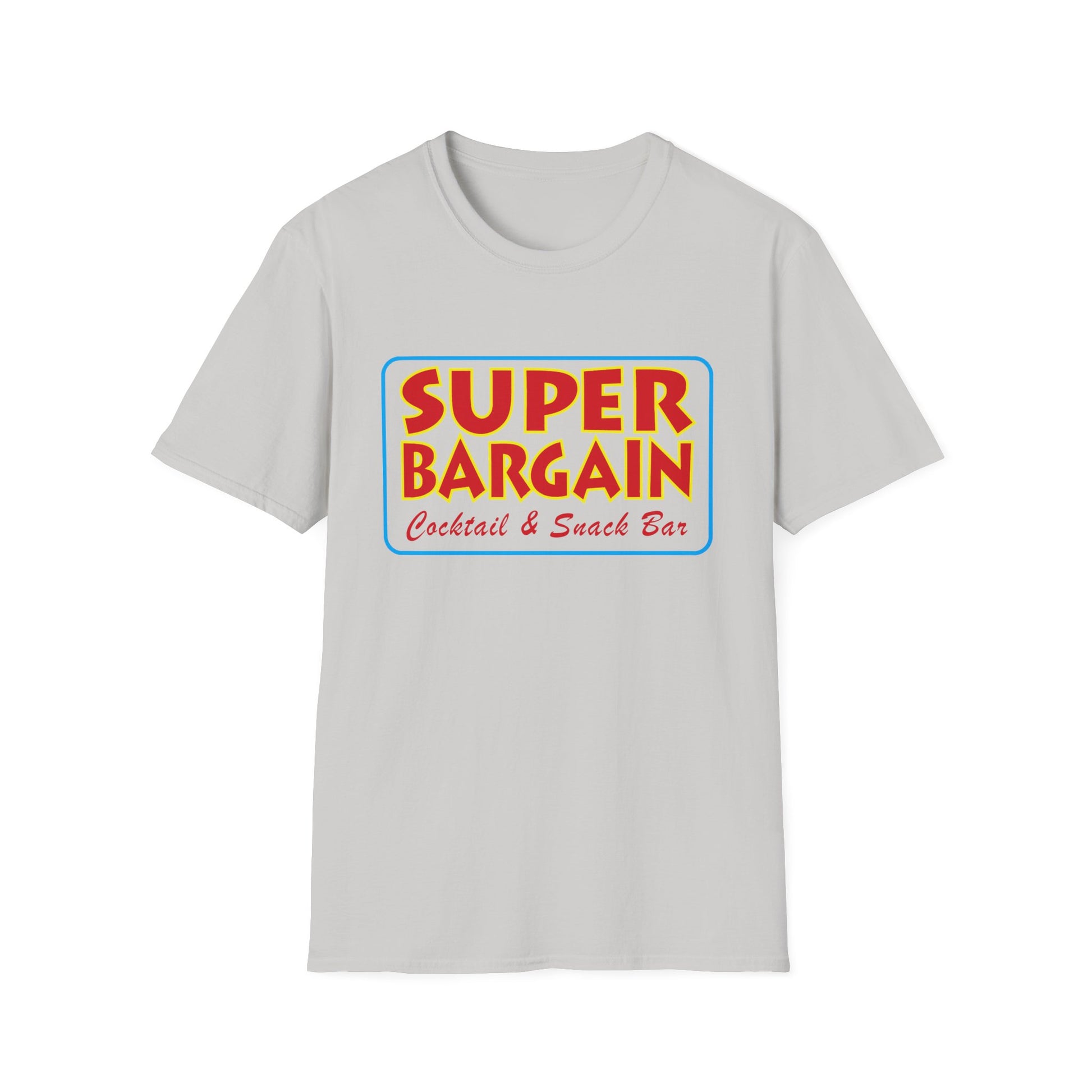A Printify Unisex Softstyle Logo T-Shirt with a colorful graphic on the front reading "SUPER BARGAIN Cocktail & Snack Bar - Cabbagetown, Toronto" in red and blue fonts inside a yellow rectangle.