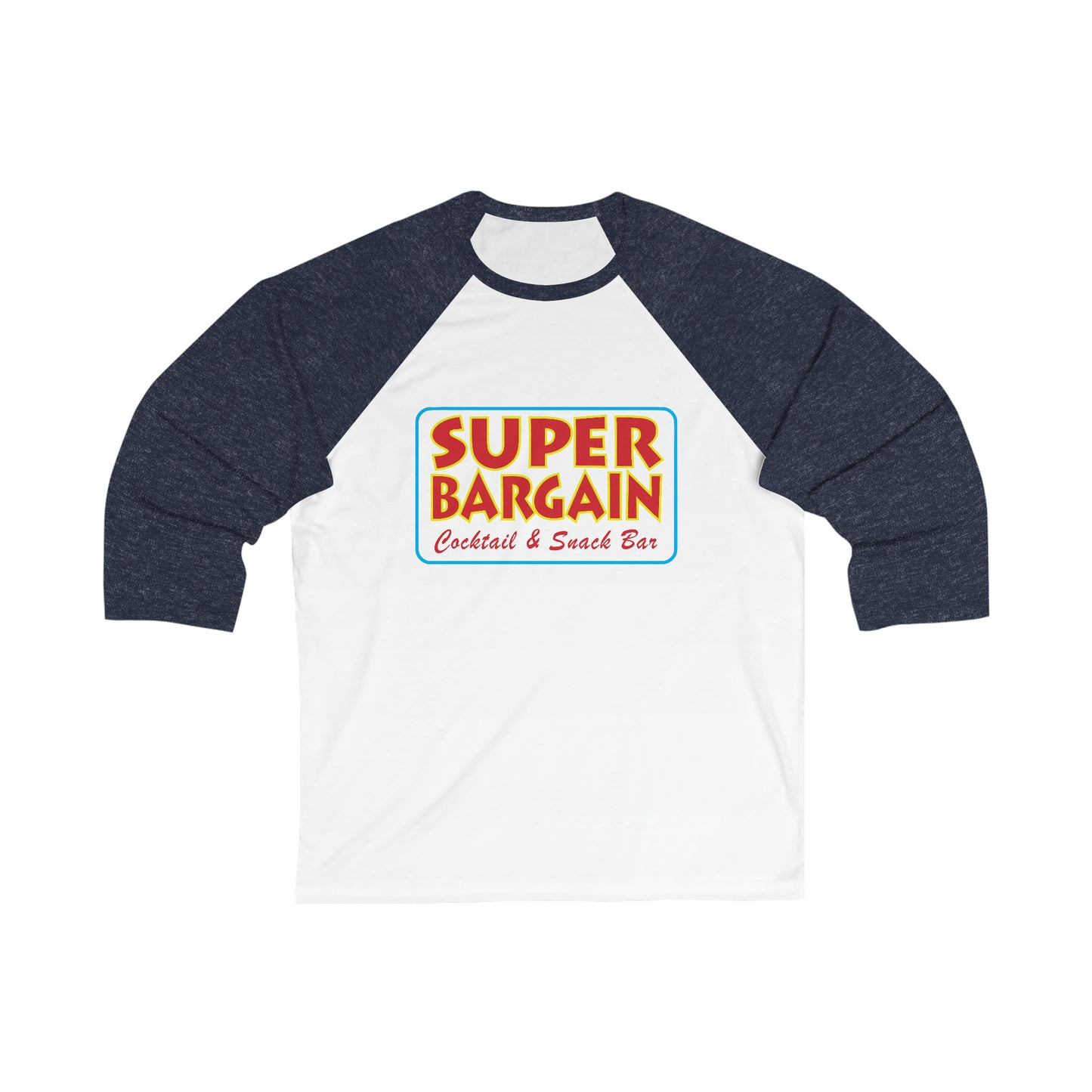 A Unisex 3/4 Sleeve Logo Baseball Tee with dark blue sleeves and a white body featuring the colorful text "Cabbagetown Super Bargain Cocktail & Snack Bar" on the chest from Printify.