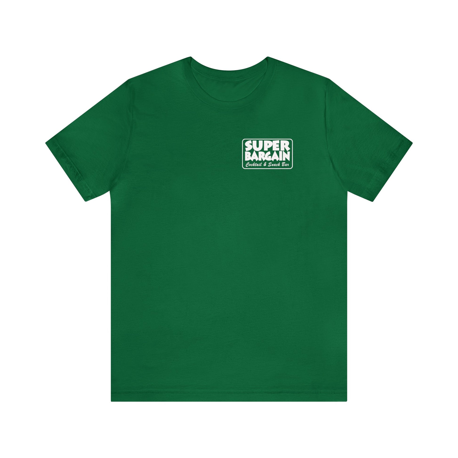 A green Unisex Jersey Short Sleeve Monochrome Logo Tee with a small logo on the left chest that says "Super Easy Online Store" in white text on a blue background, featuring a unique Cabbagetown design by Printify.