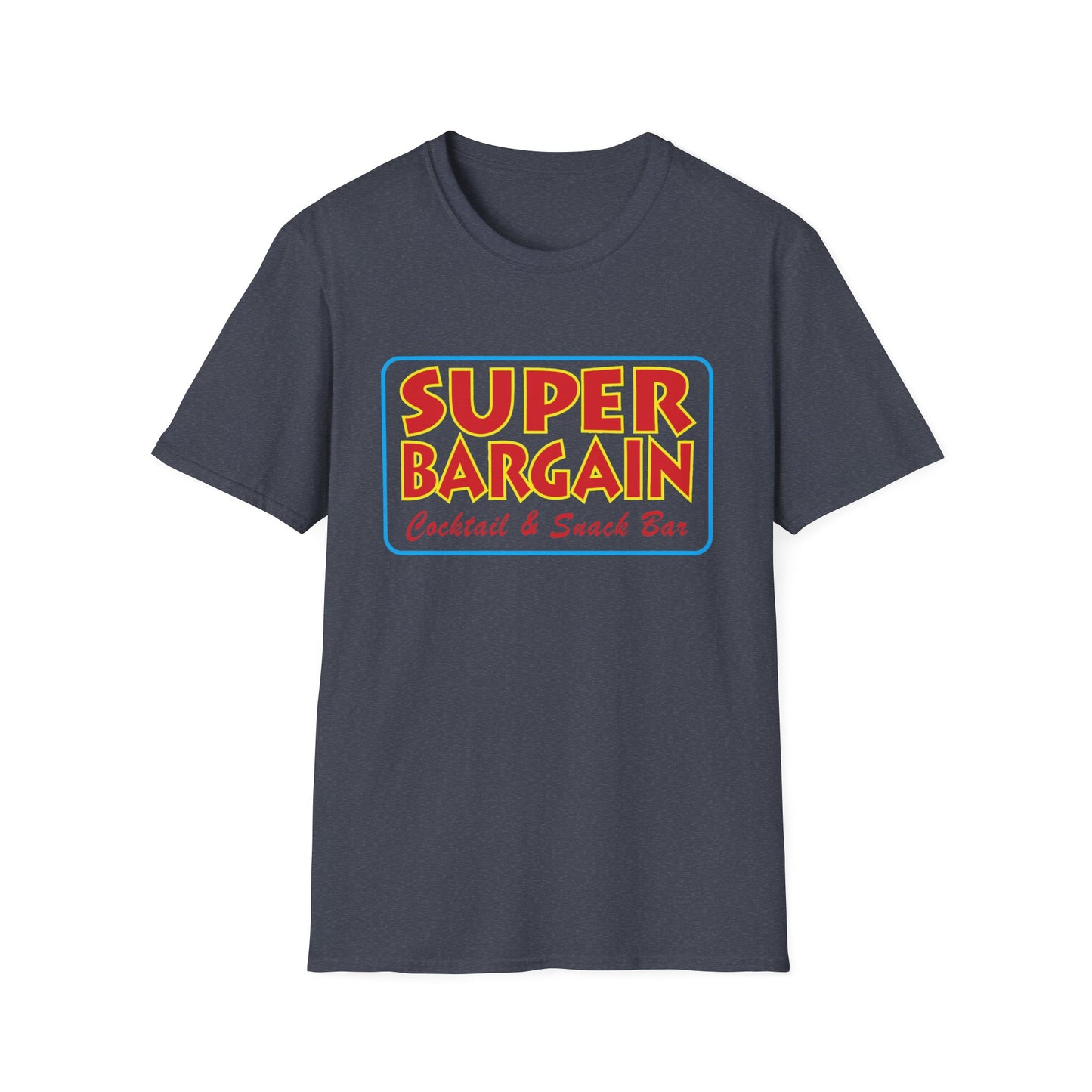 A charcoal gray Unisex Softstyle Logo T-Shirt featuring a colorful graphic that reads "Cabbagetown SUPER BARGAIN Cocktail & Snack Bar, Toronto" in bold, retro-style fonts by Printify.