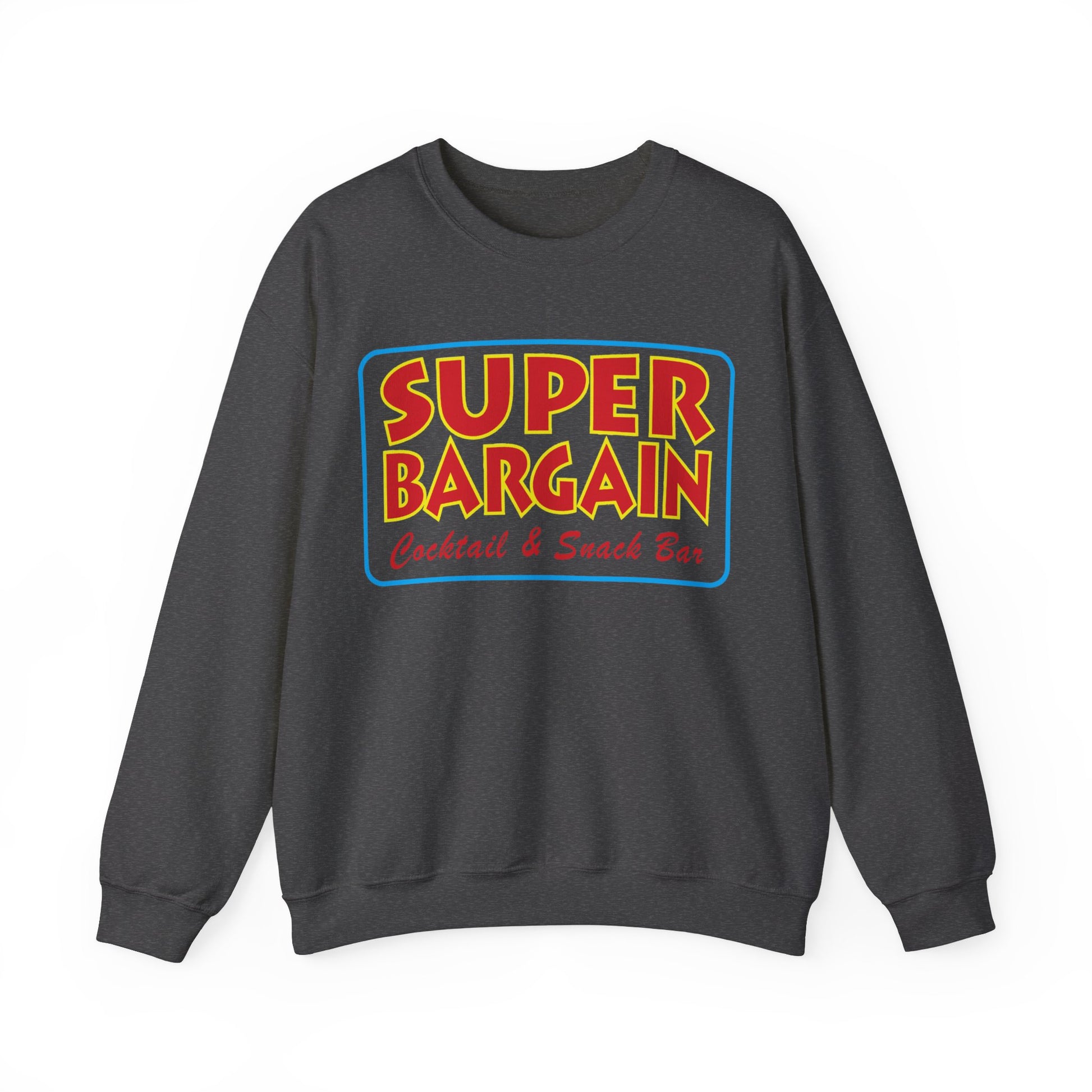 Unisex Heavy Blend™ Crewneck Signature Logo Sweatshirt with "SUPER BARGAIN Cocktail & Snack Bar - Cabbagetown, Toronto" in colorful retro-style lettering from Printify.