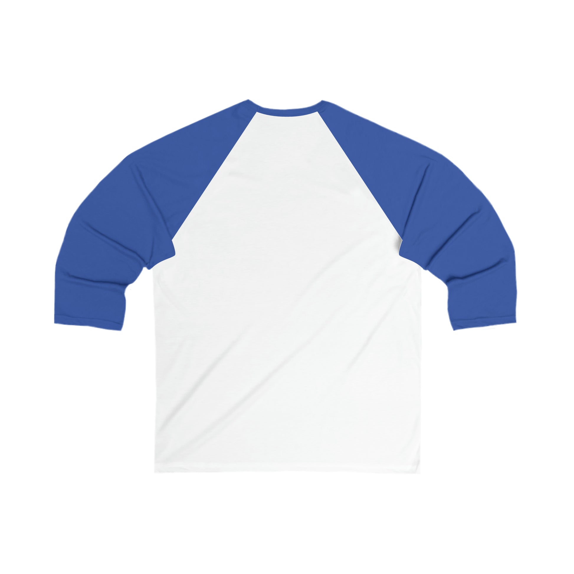 A Printify Unisex 3\4 Sleeve Logo Baseball Tee with white torso and blue raglan sleeves, displayed on a plain white background, inspired by Toronto's Cabbagetown.