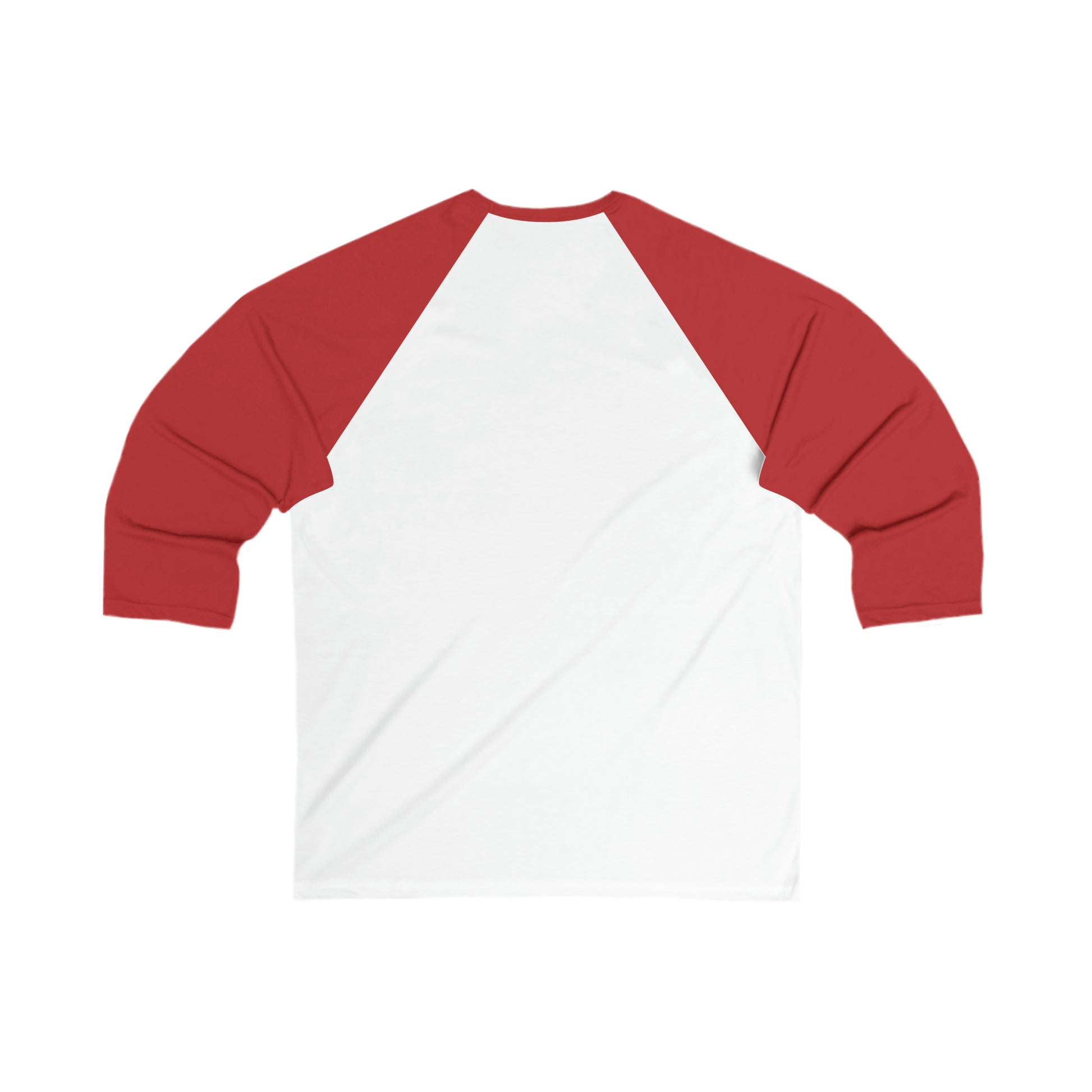 A Printify Unisex 3/4 Sleeve Logo Baseball Tee with a white body and red sleeves, displayed on a plain white background, inspired by the vibrant Cabbagetown neighborhood in Toronto.