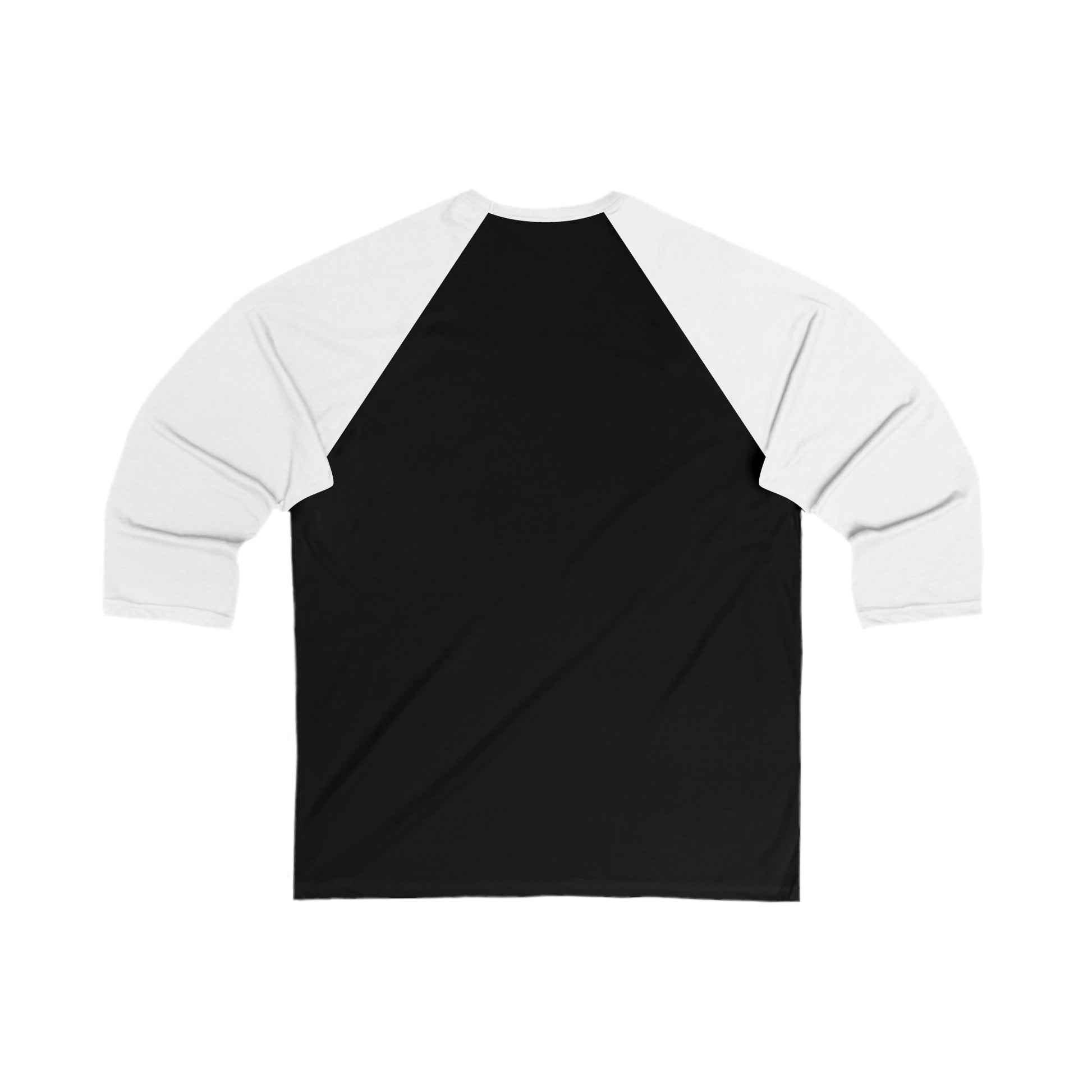 A black and white raglan t-shirt with 3/4 length sleeves, displayed on a plain white background, featuring a subtle Printify graphic.