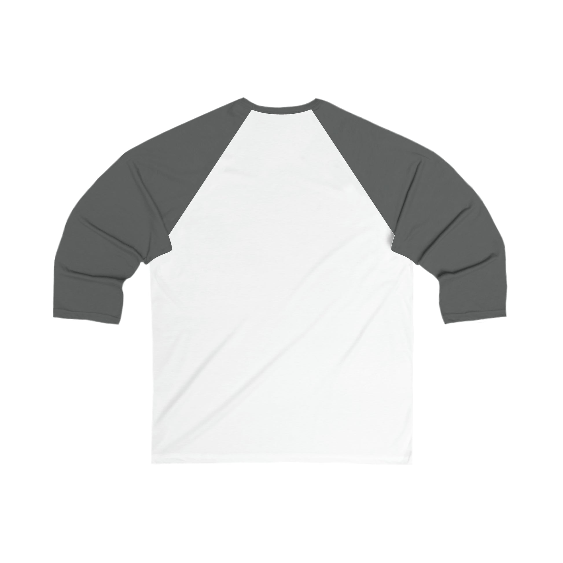 A Unisex 3\4 Sleeve Logo Baseball Tee with white torso and dark gray sleeves, inspired by Toronto's Cabbagetown, displayed on a white background by Printify.