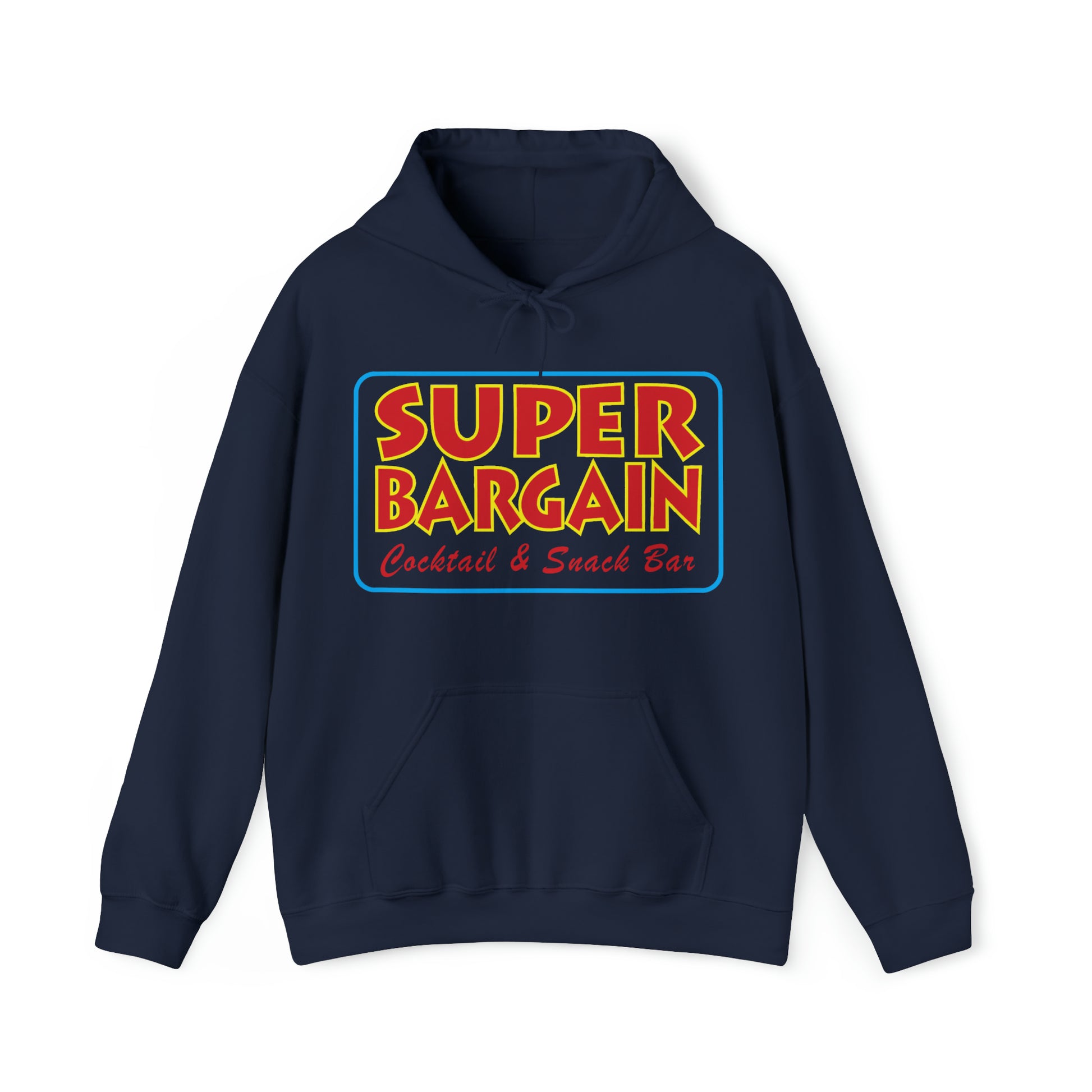 Blue Printify Unisex Heavy Blend™ Hooded Sweatshirt with the text "SUPER BARGAIN Cocktail & Snack Bar - Cabbagetown" in bold, colorful letters on the front.