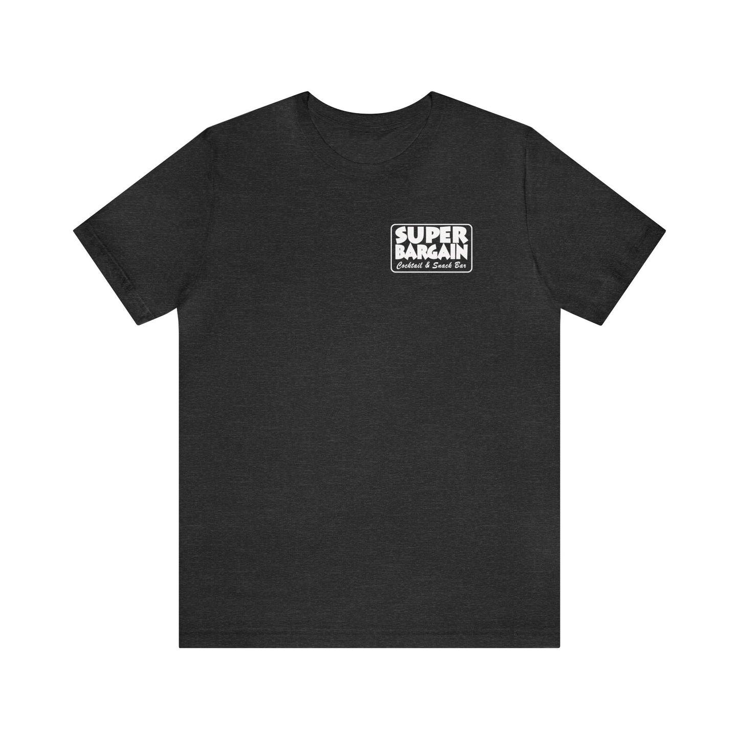 A plain dark gray Unisex Jersey Short Sleeve Monochrome Logo Tee with a small logo on the left chest area that reads "Super Sugar" in a game-themed font on a white background, designed in Cabbagetown, Toronto by Printify.