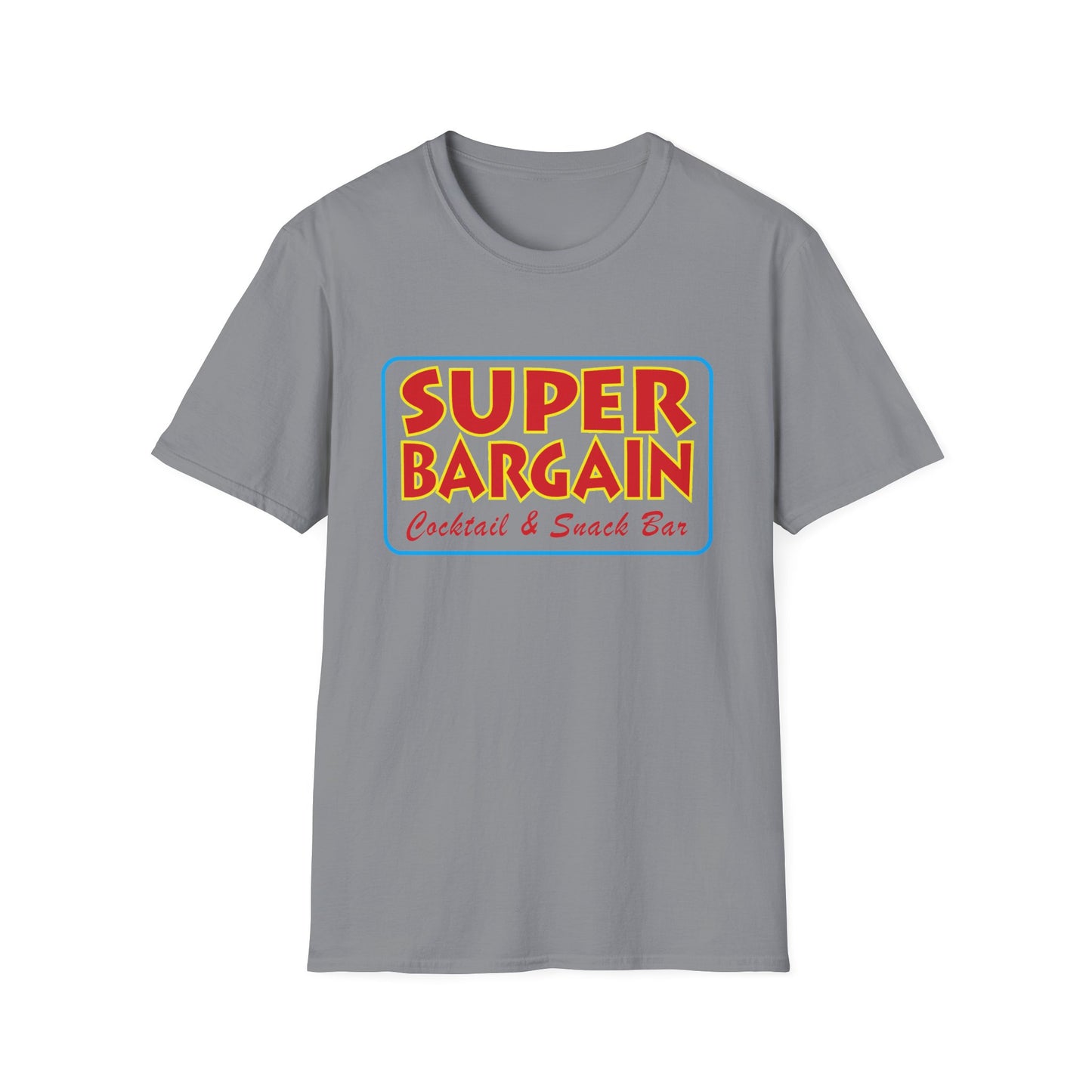 A gray Unisex Softstyle Logo T-Shirt with a colorful "Super Bargain Cocktail & Snack Bar" logo in retro style, featuring bold red, blue, and yellow colors on the chest area, inspired by Toronto's Cabbagetown. (Printify)
