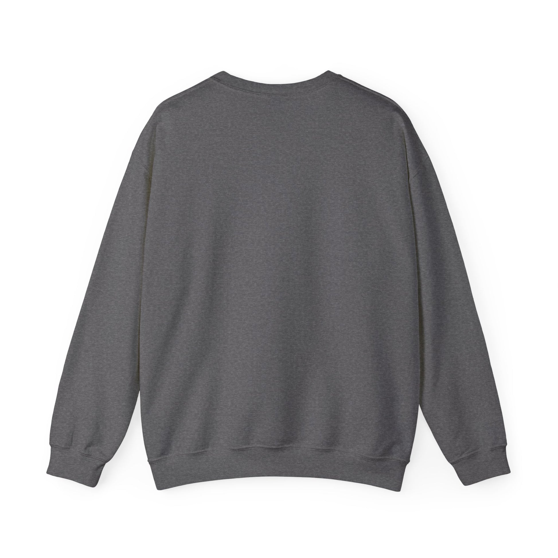 A plain gray Printify Unisex Heavy Blend™ Crewneck Monochrome Logo sweatshirt displayed flat on a white background, showing the back view with long sleeves, perfect for a casual day in Cabbagetown, Toronto.