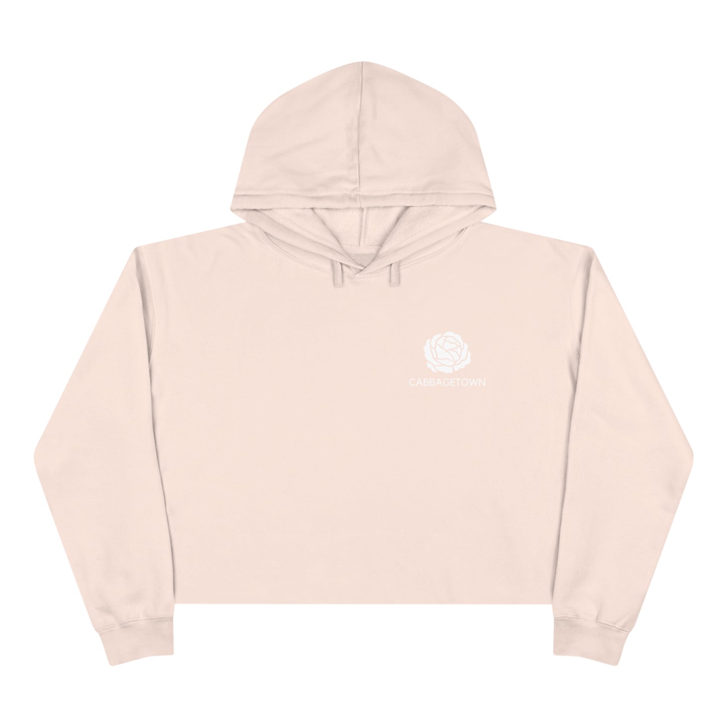 A pale pink Crop Hoodie with Monochrome Cabbagetown and Super Bargain Logo on the left chest area, displayed on a plain white background.
