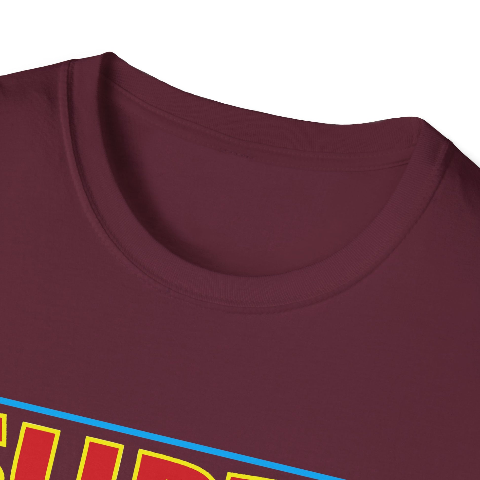 Close-up of a maroon Unisex Softstyle Logo T-Shirt with a round neckline, partially showing a bright yellow print with Toronto, cabbagetown, and blue and red details on the chest by Printify.