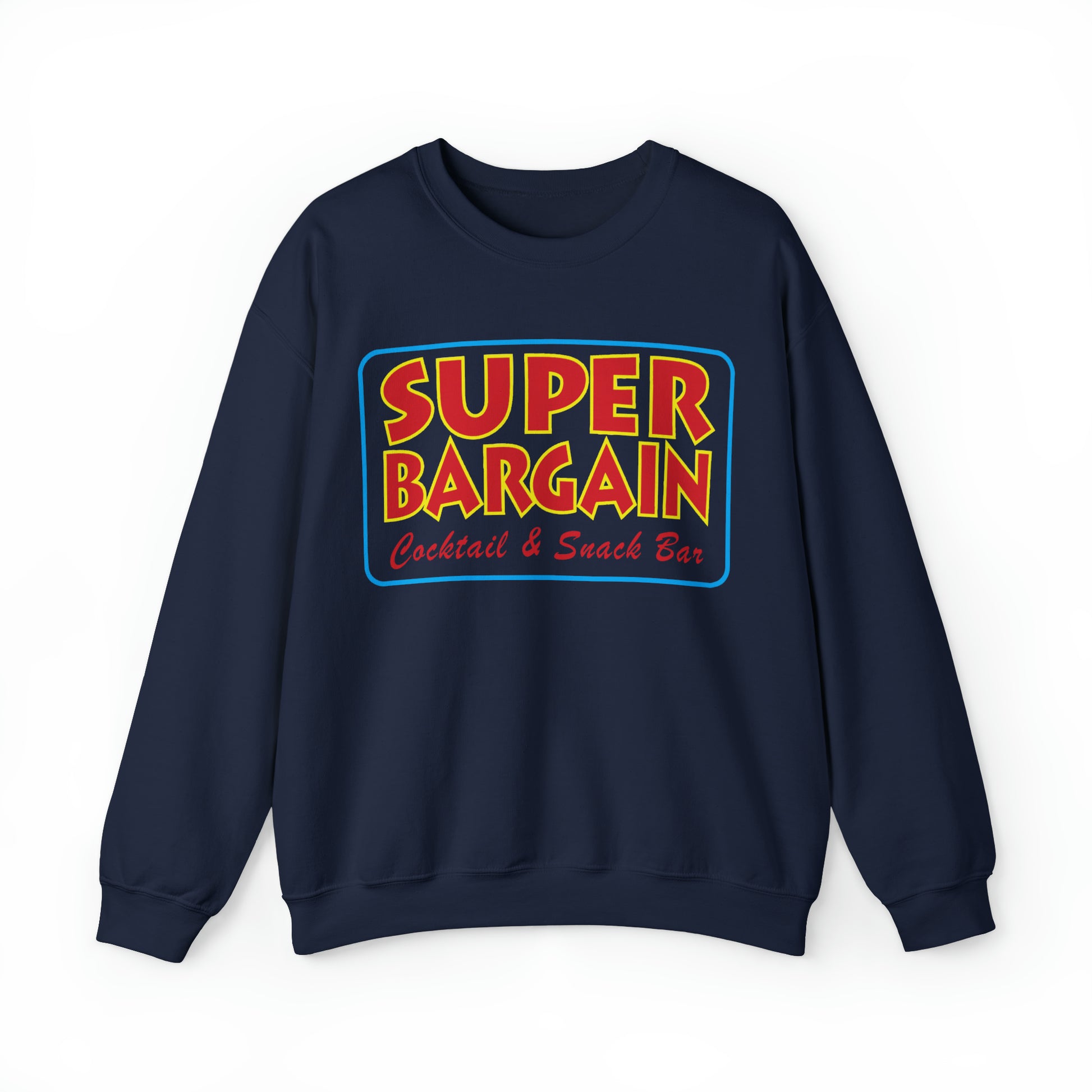 Navy blue Unisex Heavy Blend™ Crewneck Signature Logo sweatshirt featuring "SUPER BARGAIN Cabbagetown Cocktail & Snack Bar, Toronto" printed in bold, colorful letters on the front. The text is styled in yellow with a red outline for a vivid look by Printify.