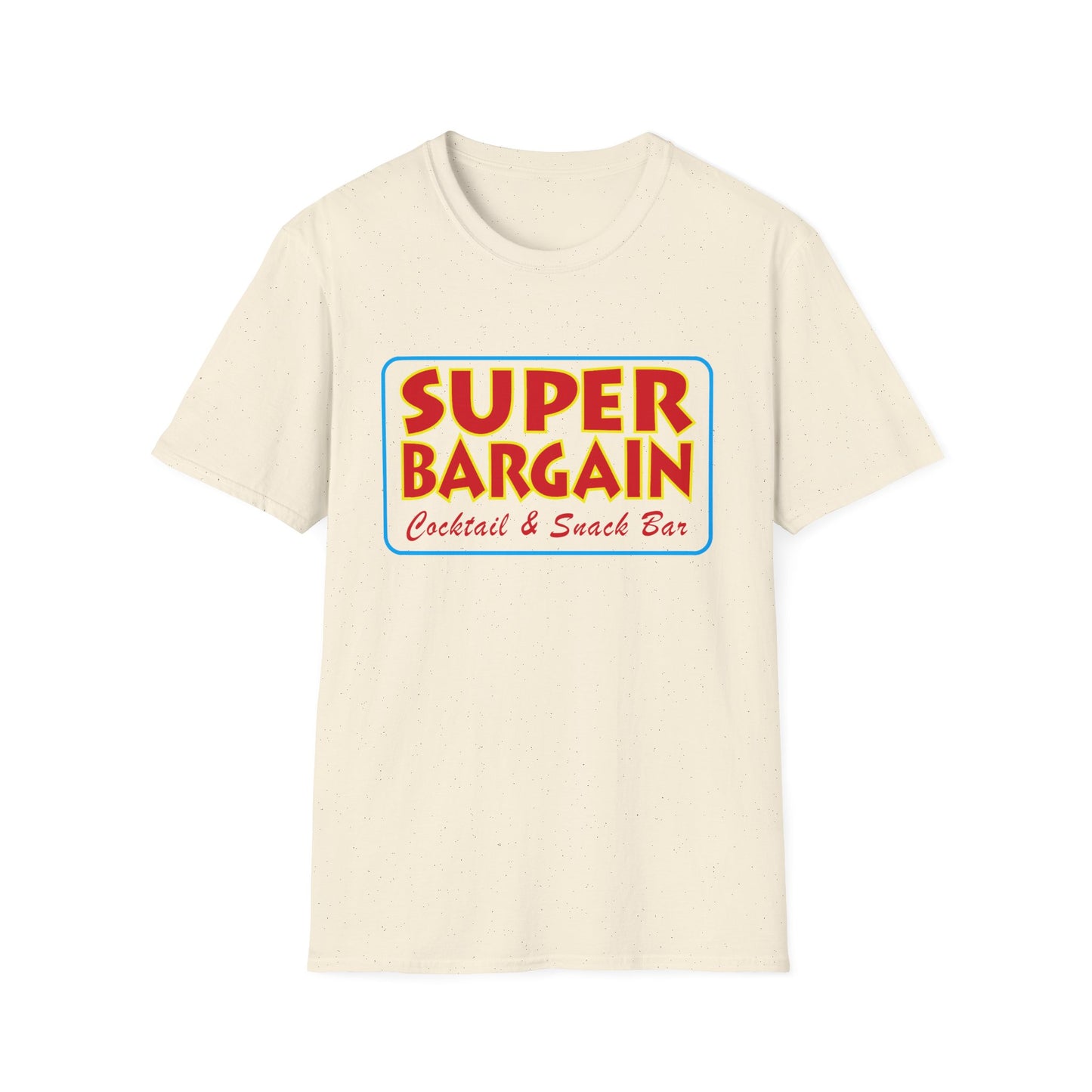 A Printify Unisex Softstyle Logo T-Shirt in cream color with a colorful "Super Bargain Cocktail & Snack Bar" logo centered on the chest area, featuring a tribute to Toronto's Cabbagetown. The text is encased in a red and blue border.