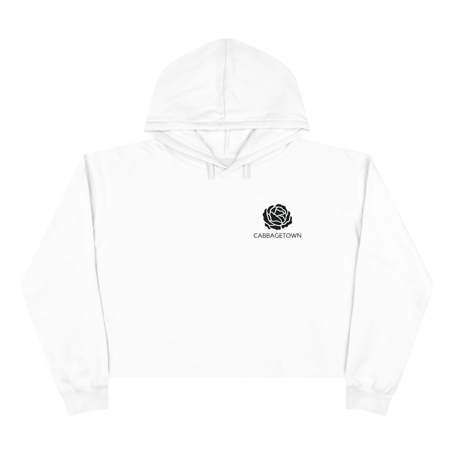 A Crop Hoodie with Monochrome Cabbagetown and Super Bargain Logo by Printify, with a small black logo of a rose and the word "Toronto Cabbagetown" printed on the left chest area. The hoodie has a front pouch pocket and drawstrings.