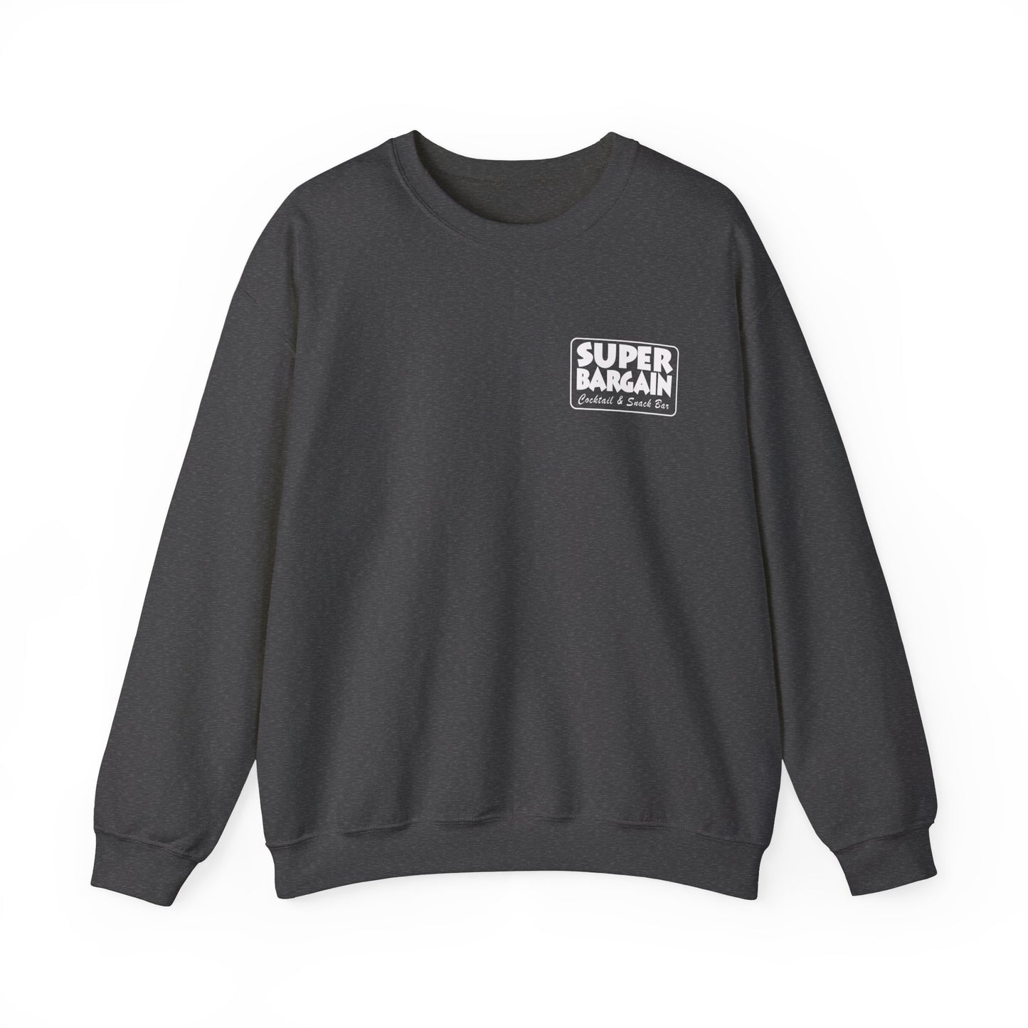 A plain dark gray Printify Unisex Heavy Blend™ Crewneck Monochrome Logo Sweatshirt with the phrase "SUPER BARGAIN" printed in white block letters inside a black square on the upper left chest area. The sweatshirt is displayed on a white background, and features the word "Toronto" in small letters just below the main print.