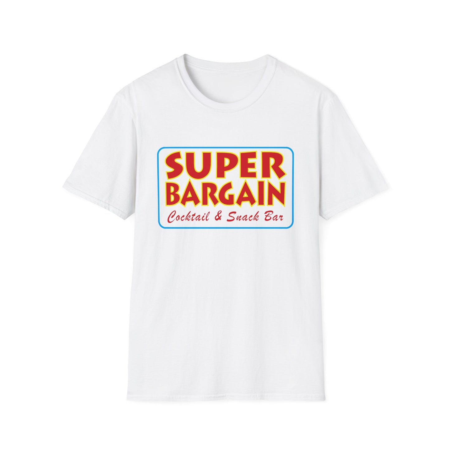 A white Unisex Softstyle Logo T-Shirt with a colorful graphic on the chest that reads "SUPER BARGAIN Cabbagetown Cocktail & Snack Bar" in bold, retro style font, framed in red and blue.