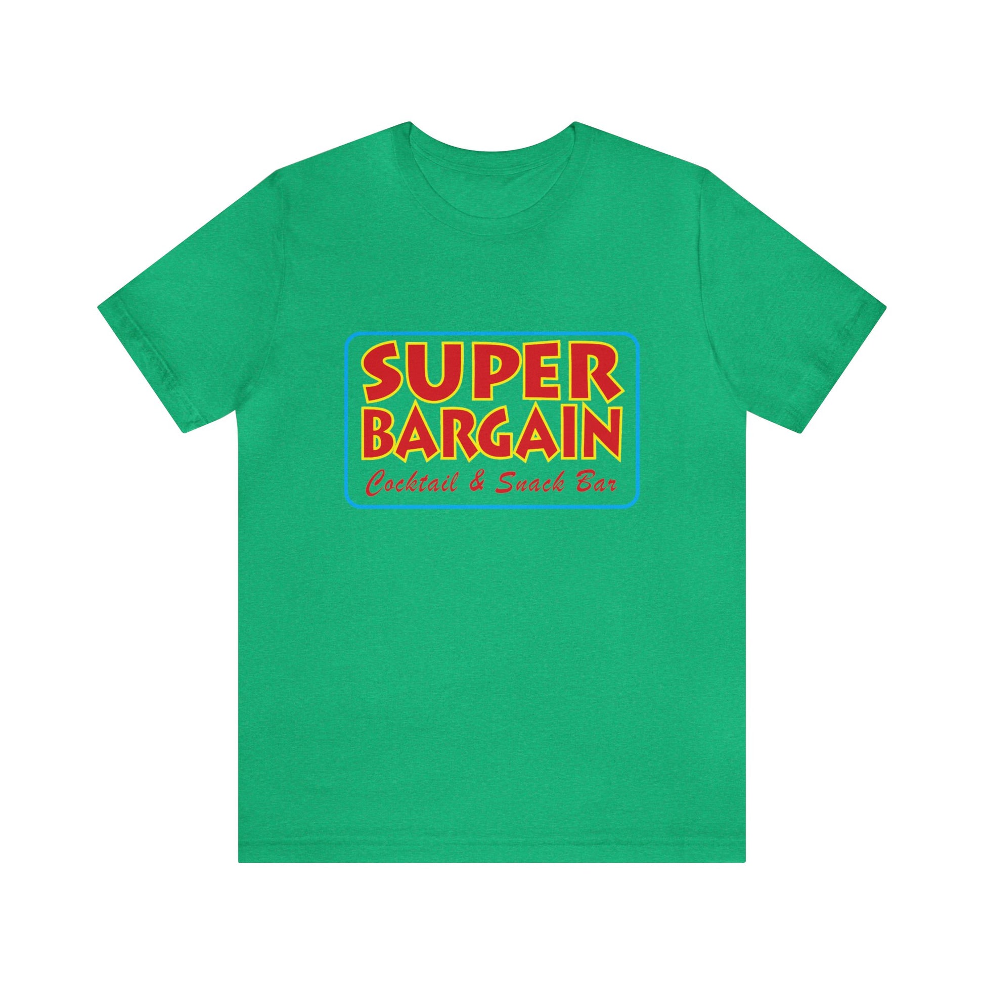 A bright green Unisex Jersey Short Sleeve Tee with "SUPER BARGAIN Cocktail & Snack Bar - Cabbagetown" printed in bold yellow and red font on the chest from Printify.