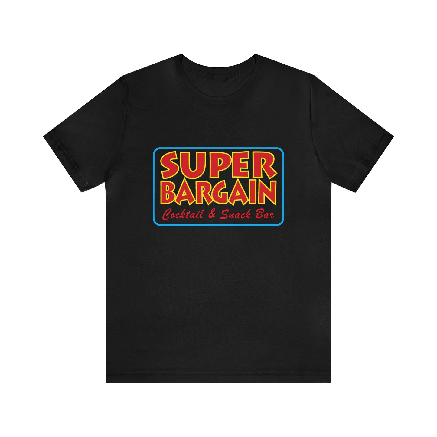 A black Unisex Jersey Short Sleeve Tee with a colorful design that reads "SUPER BARGAIN - Cabbagetown Cocktail & Snack Bar" in bold, retro-style fonts, set against a vibrant rectangular background by Printify.