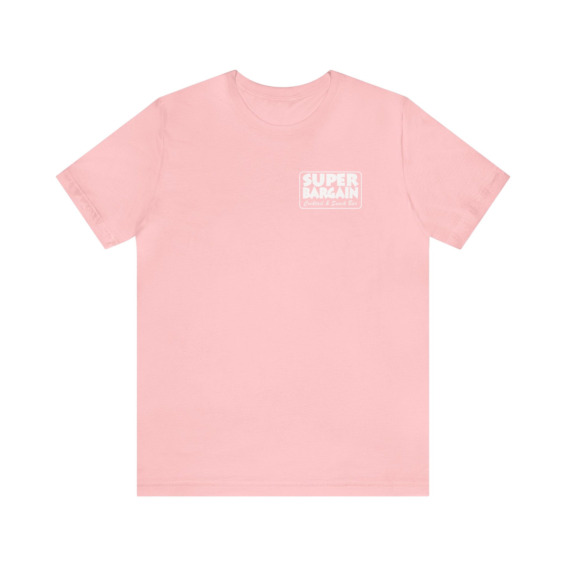 A light pink Unisex Jersey Short Sleeve Monochrome Logo Tee with the phrase "SUPER BARGAIN" in white inside a red rectangle printed on the left chest area, featuring a subtle "Cabbagetown, Toronto" detail on the sleeve. The background is plain white by Printify.