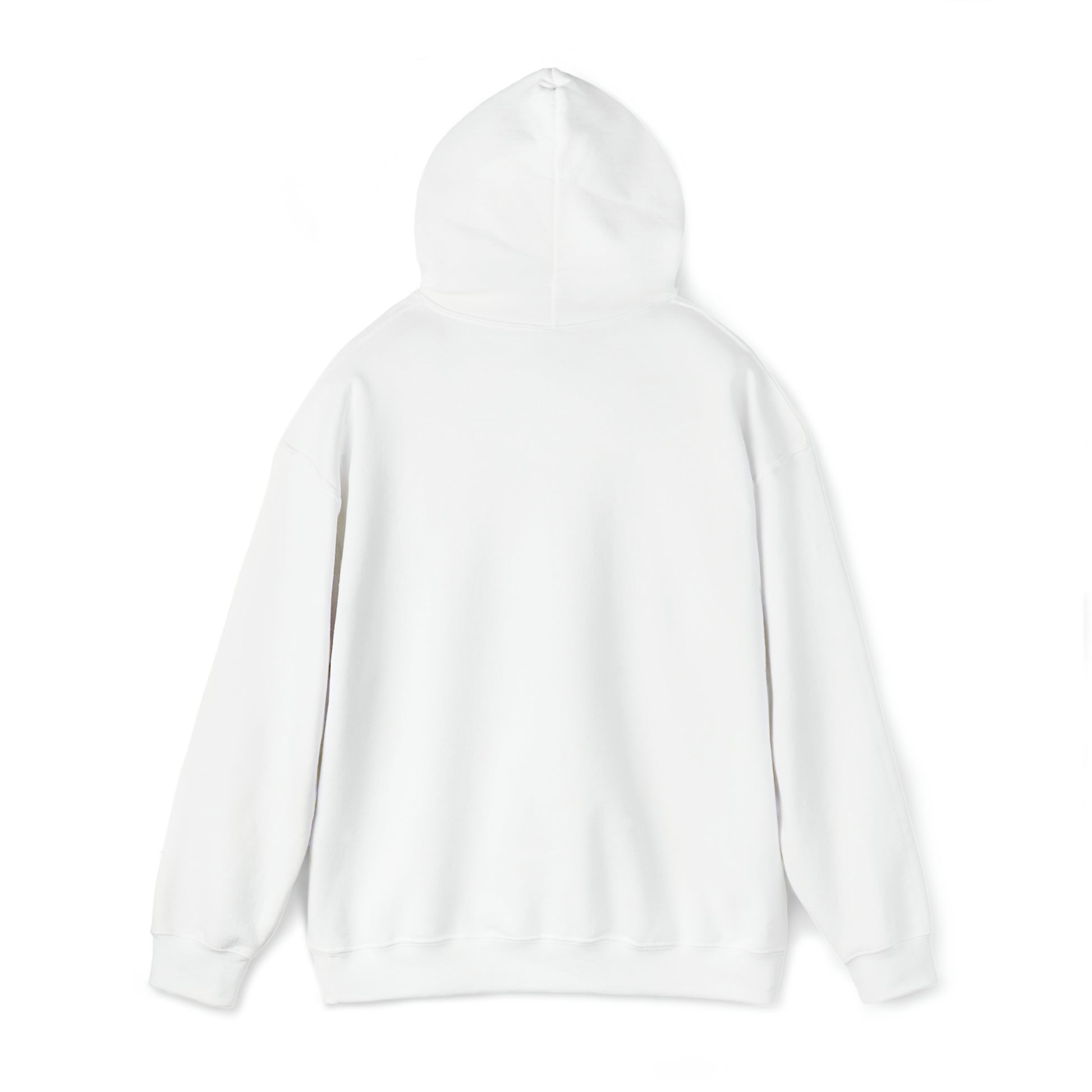 A plain white Unisex Heavy Blend™ Hooded Sweatshirt displayed on a white background, viewed from the back with the hood up, featuring a small embroidered "Cabbagetown" detail on the lower right. (Printify)