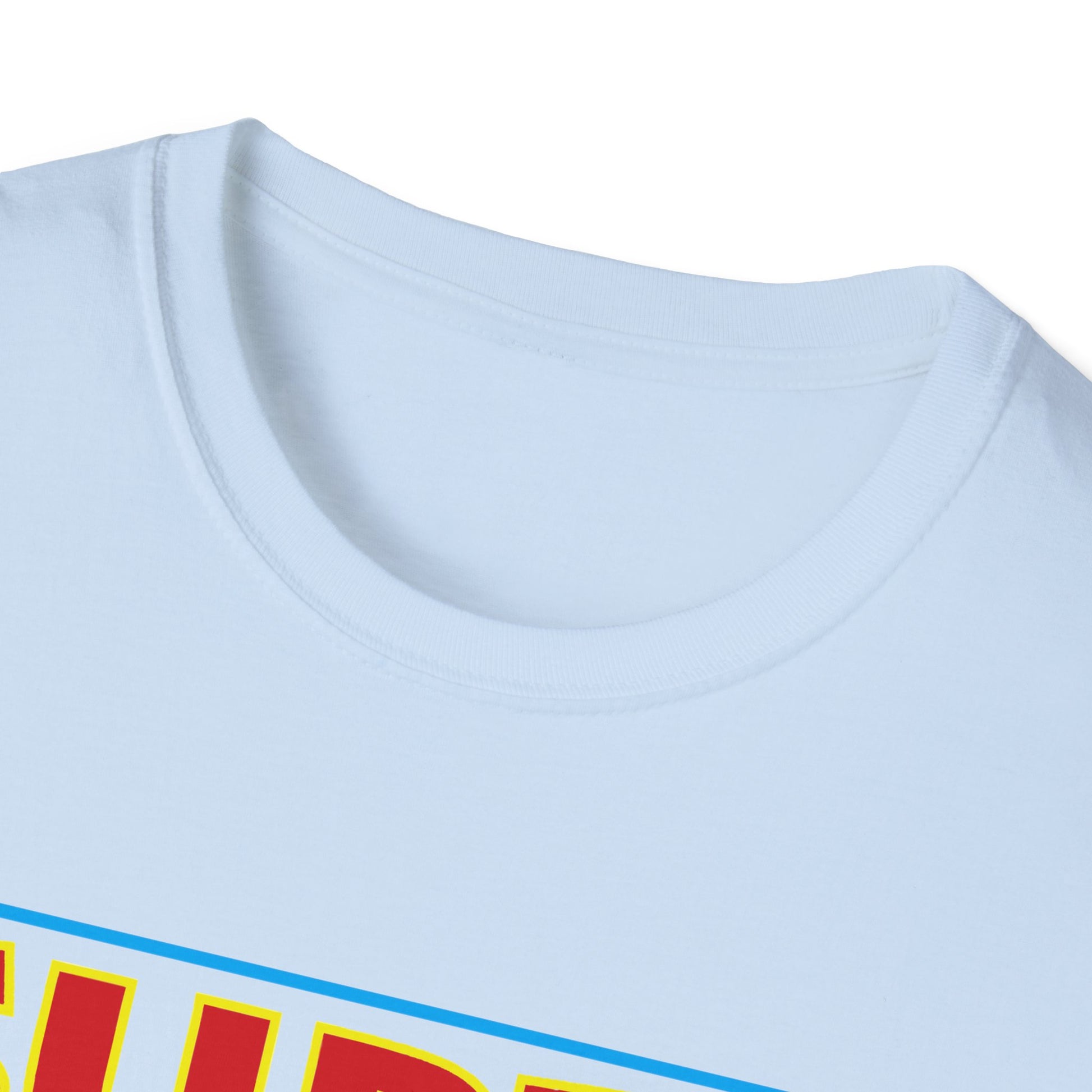 Close-up of a light blue Printify Unisex Softstyle Logo T-shirt's collar area, featuring part of a graphic with bold, colorful text, possibly part of a logo or design, on the chest, hinting at Toronto's Cabbagetown.