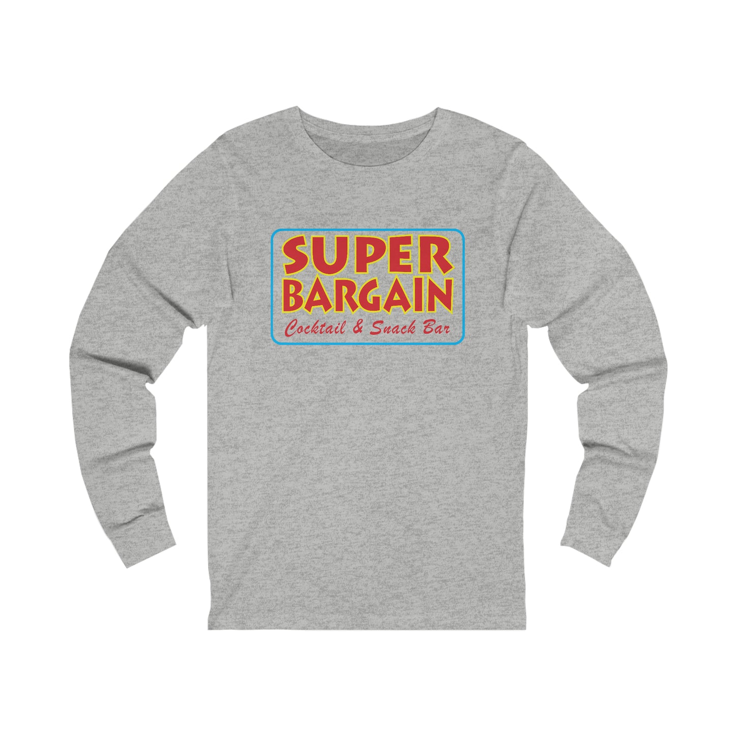 A Printify Unisex Jersey Long Sleeve Signature Logo Tee featuring a colorful logo with the text "Super Bargain Cocktail & Snack Bar" in blue, yellow, and red on the chest area, highlighting the Cabbagetown district.