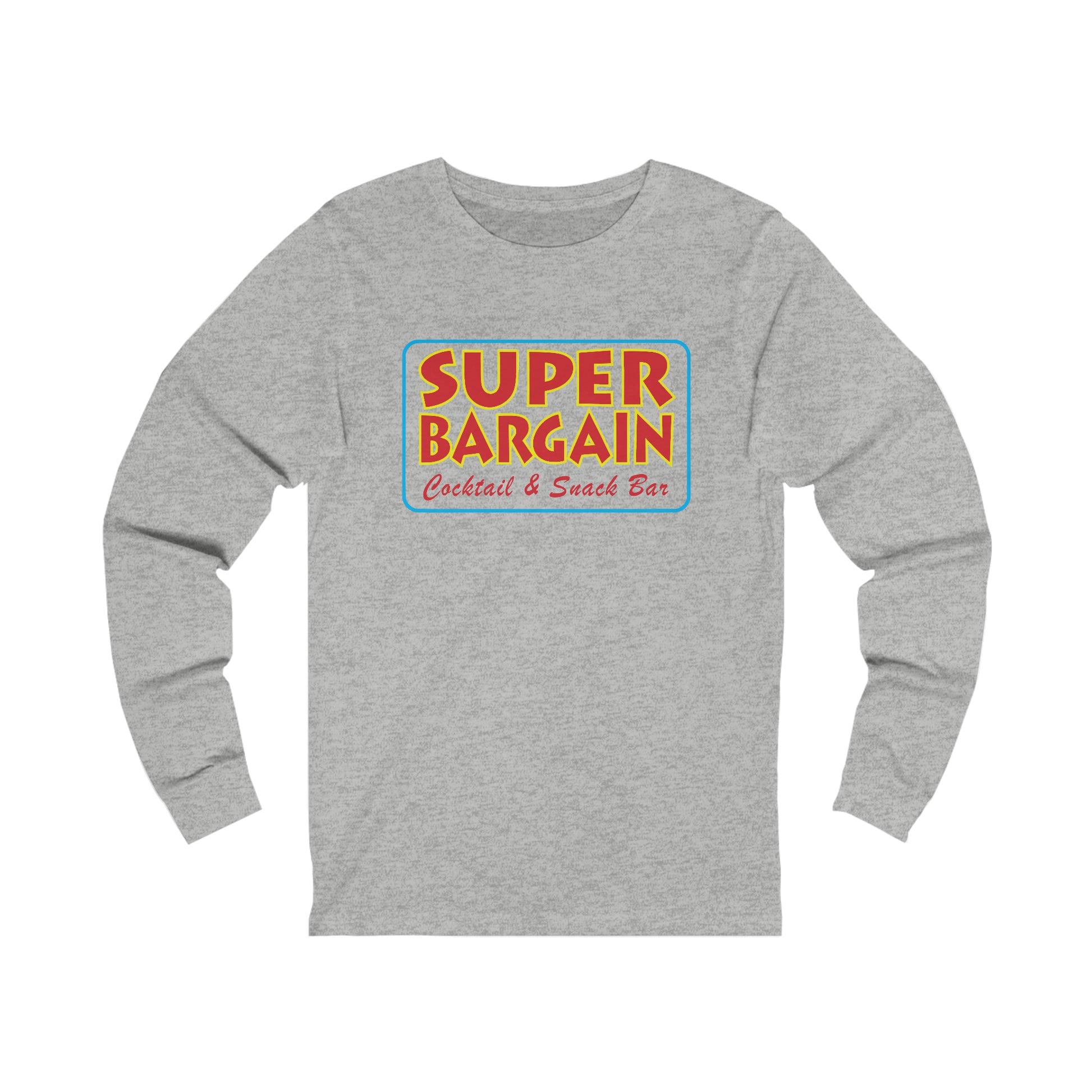 A Printify Unisex Jersey Long Sleeve Signature Logo Tee featuring a colorful logo with the text "Super Bargain Cocktail & Snack Bar" in blue, yellow, and red on the chest area, highlighting the Cabbagetown district.