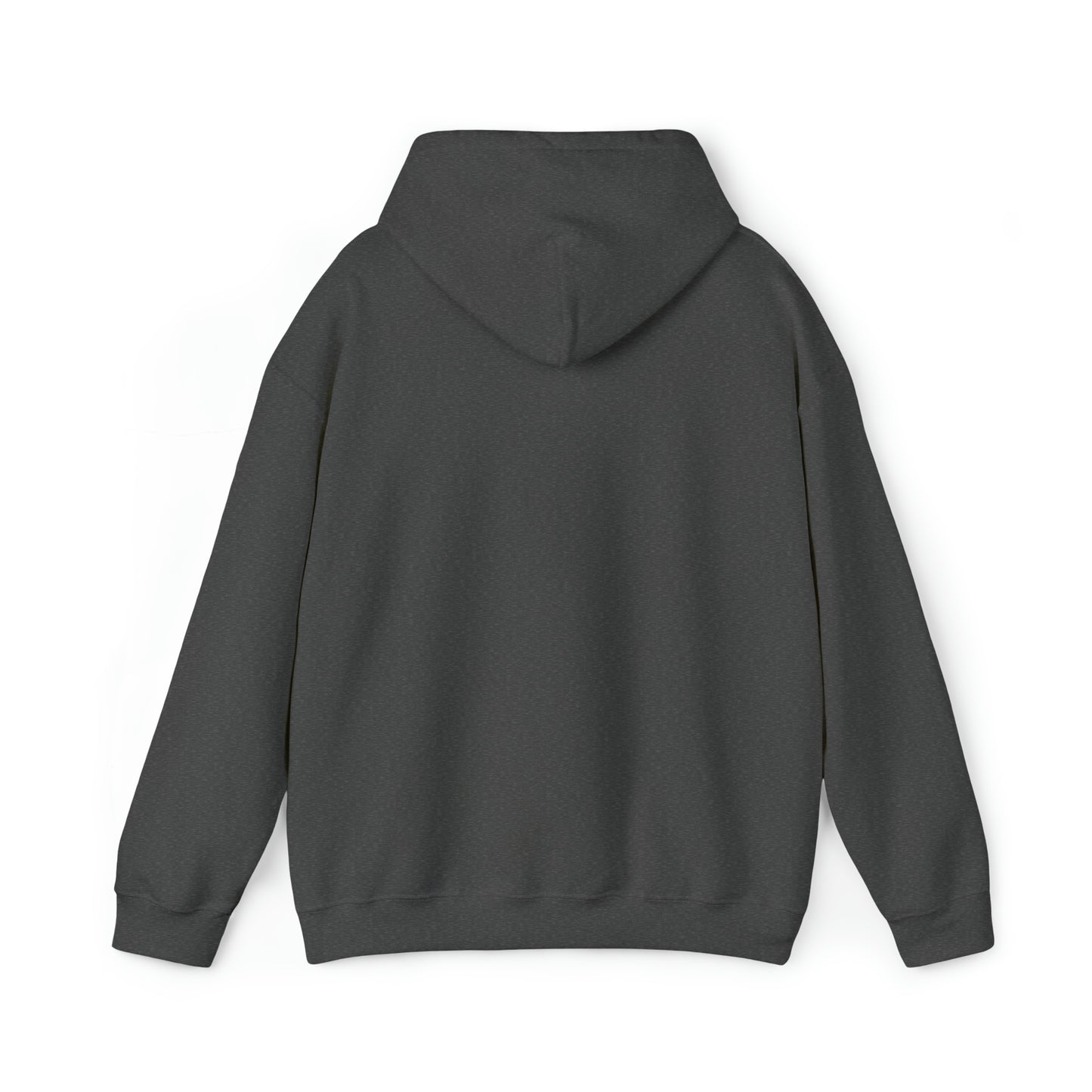 A plain dark gray Unisex Heavy Blend™ Hooded Sweatshirt with a hood displayed from the back, laid flat against a white background. The sleeves appear neatly arranged and the overall look is simple and casual, evoking the understated style of Toronto's Cabbagetown neighborhood.