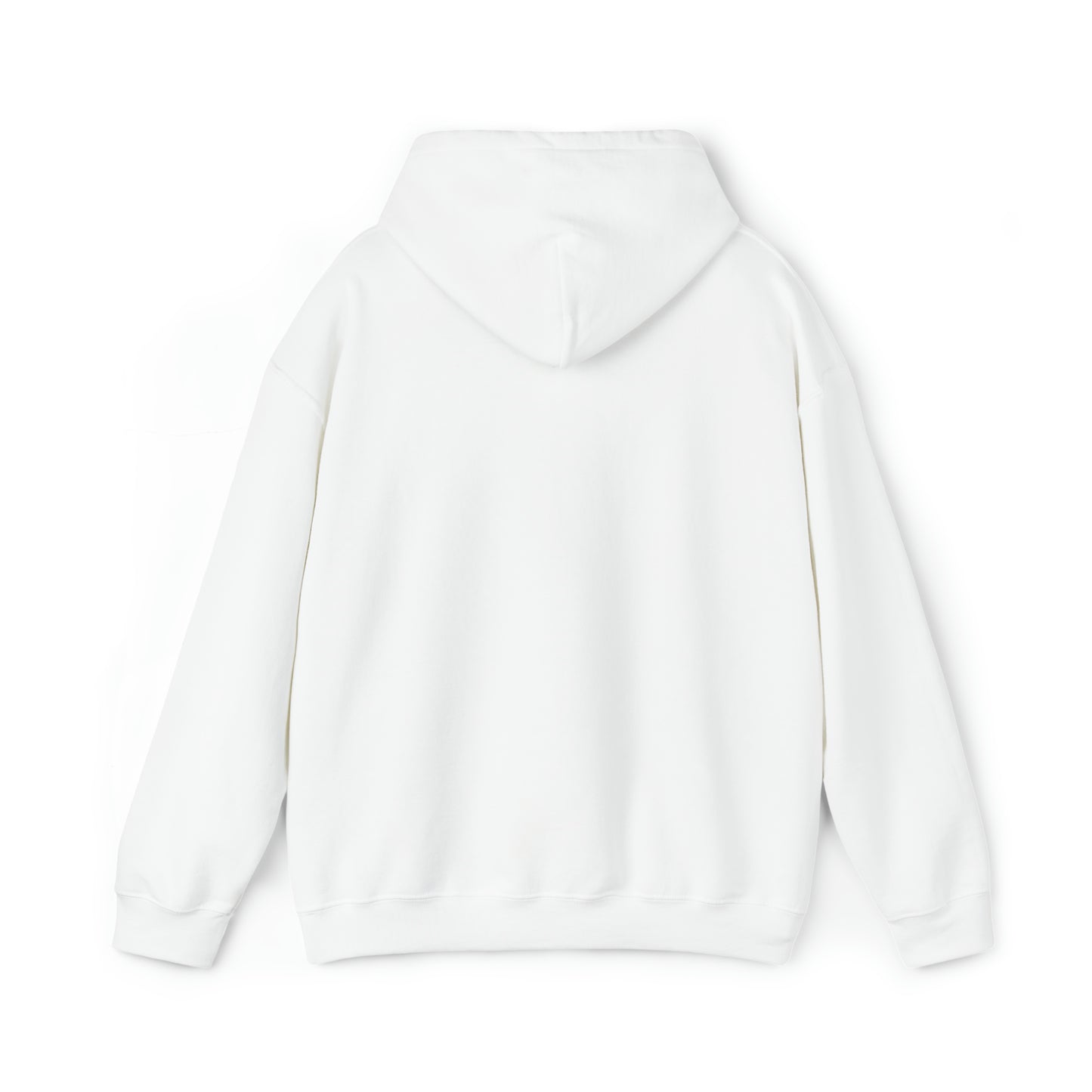 A plain white hoodie with the hood visible, displayed on a white background. The Unisex Heavy Blend™ Hooded Sweatshirt by Printify, featuring a small "Cabbagetown" logo on the hood, is viewed from the back and is laid out flat.