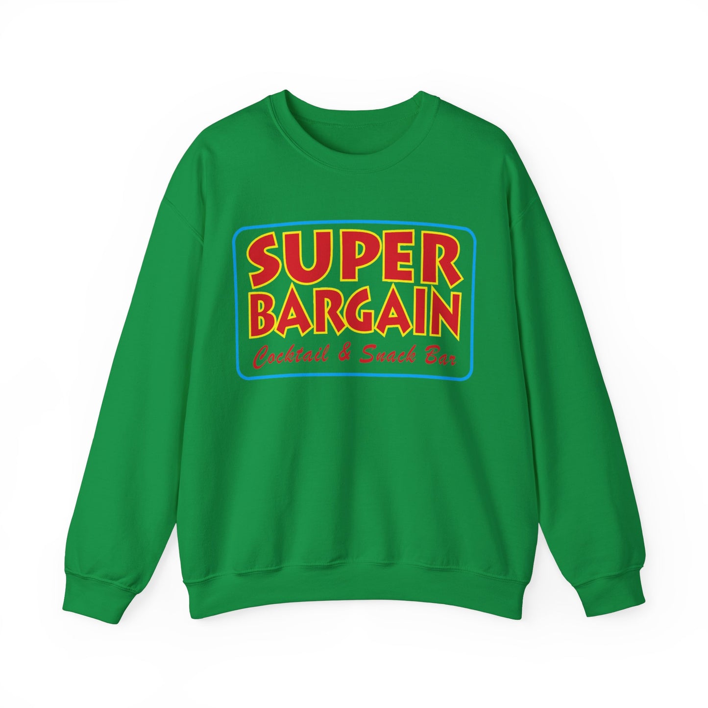A green Unisex Heavy Blend™ Crewneck Signature Logo sweatshirt with the phrase "SUPER BARGAIN Toronto Orchard & Seeds Inc." in yellow and red text on the front by Printify.