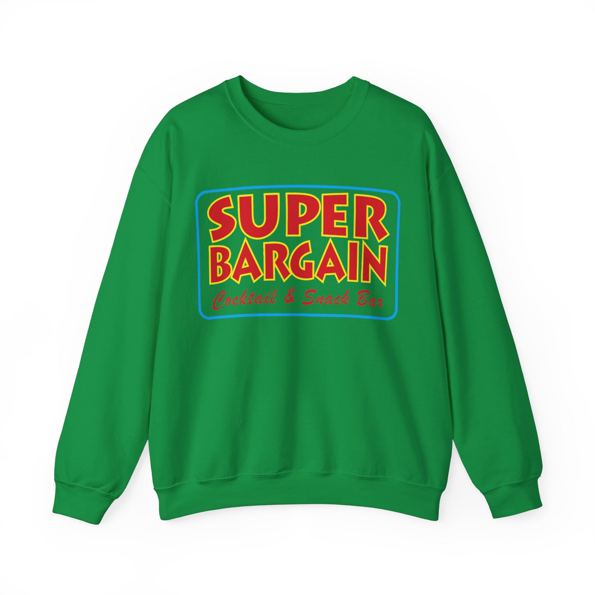A green Unisex Heavy Blend™ Crewneck Signature Logo sweatshirt with the phrase "SUPER BARGAIN Toronto Orchard & Seeds Inc." in yellow and red text on the front by Printify.