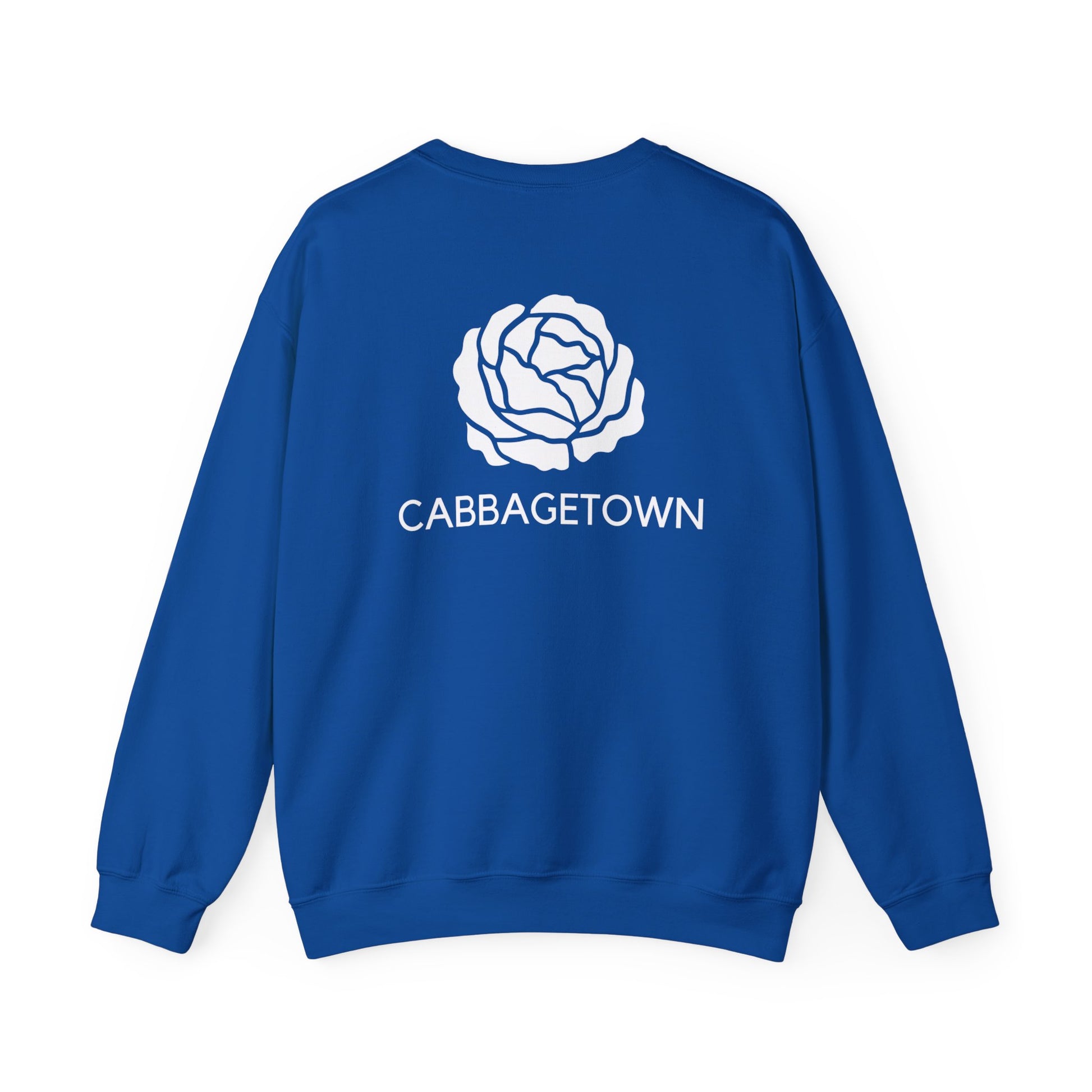 Blue Unisex Heavy Blend™ Crewneck Monochrome Logo and Cabbagetown Toronto Sweatshirt featuring a white graphic of a rose with the word "CABBAGETOWN TORONTO" underneath, displayed on a plain white background by Printify.