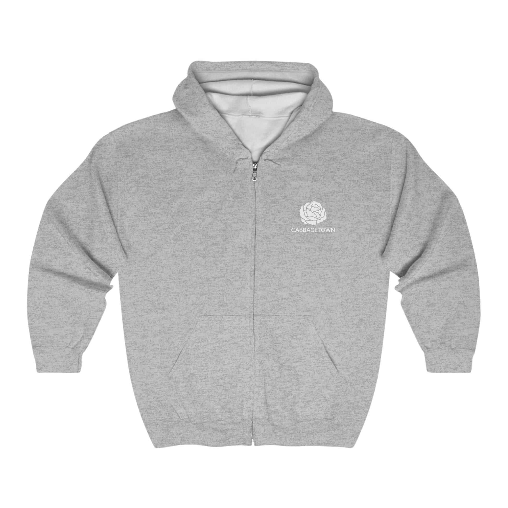 Gray zip-up hoodie with a hood, featuring a small logo on the left chest area that reads "Printify." The Unisex Heavy Blend™ Full Zip Hooded Sweatshirt is displayed on a plain white background in Toronto.