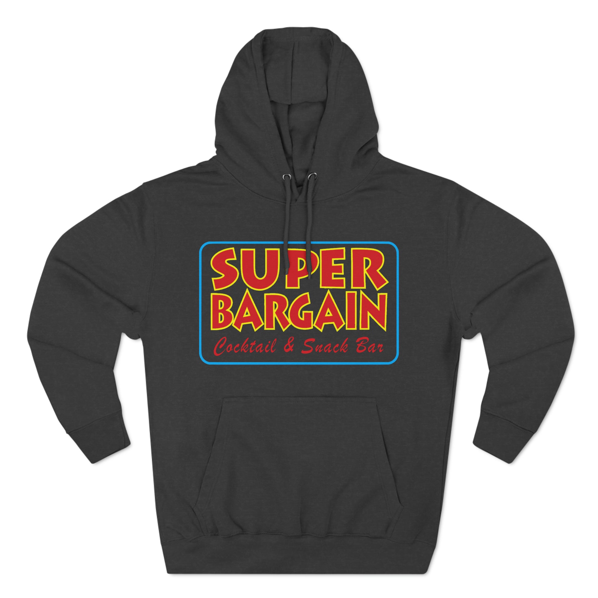 A black Unisex Premium Pullover Hoodie featuring a colorful retro-style logo saying "SUPER BARGAIN Cocktail & Snack Bar" on the front, displayed against a plain background, reminiscent of Toronto's Cabbagetown vibe by Printify.