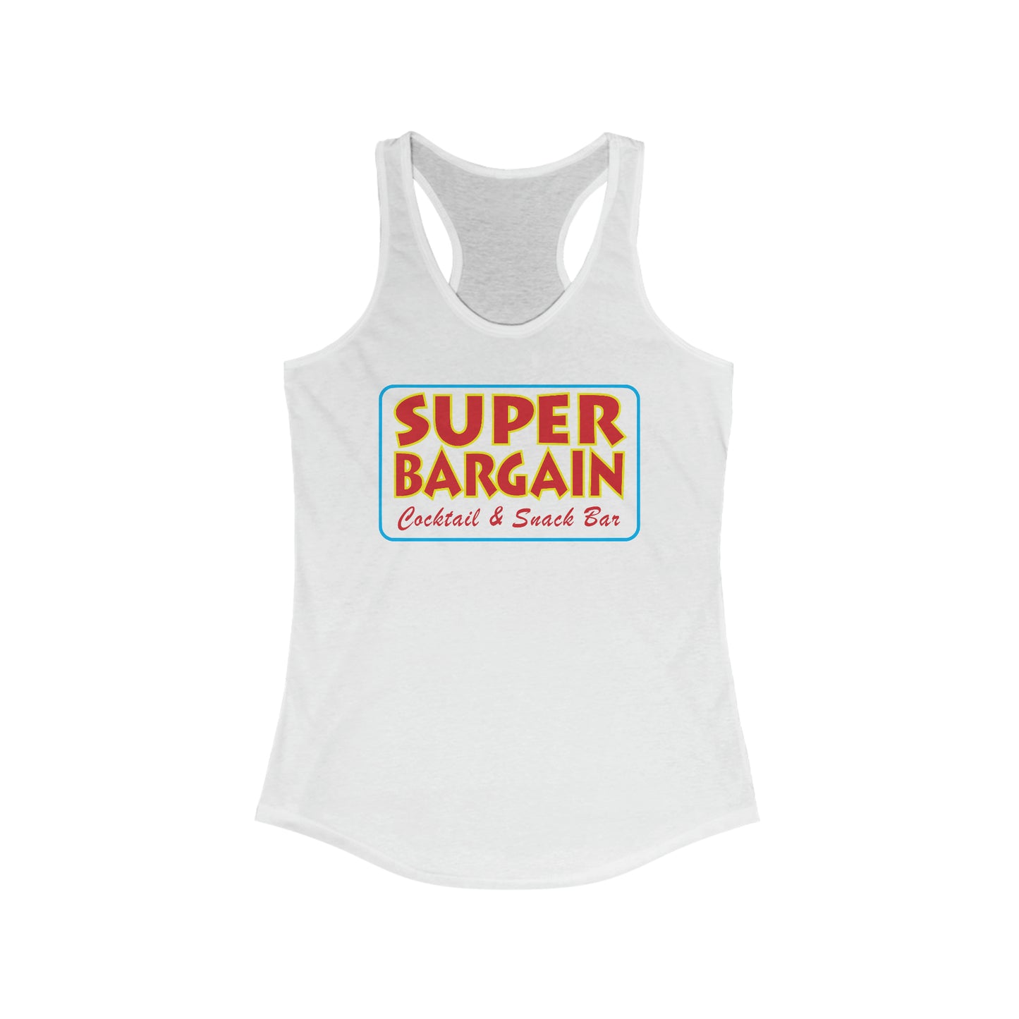 A Printify Women's Logo Racerback Tank with a colorful logo that reads "SUPER BARGAIN, Cocktail & Snack Bar" in red, yellow, and green text on the chest, featuring a subtle nod to Toronto's Cabbagetown.