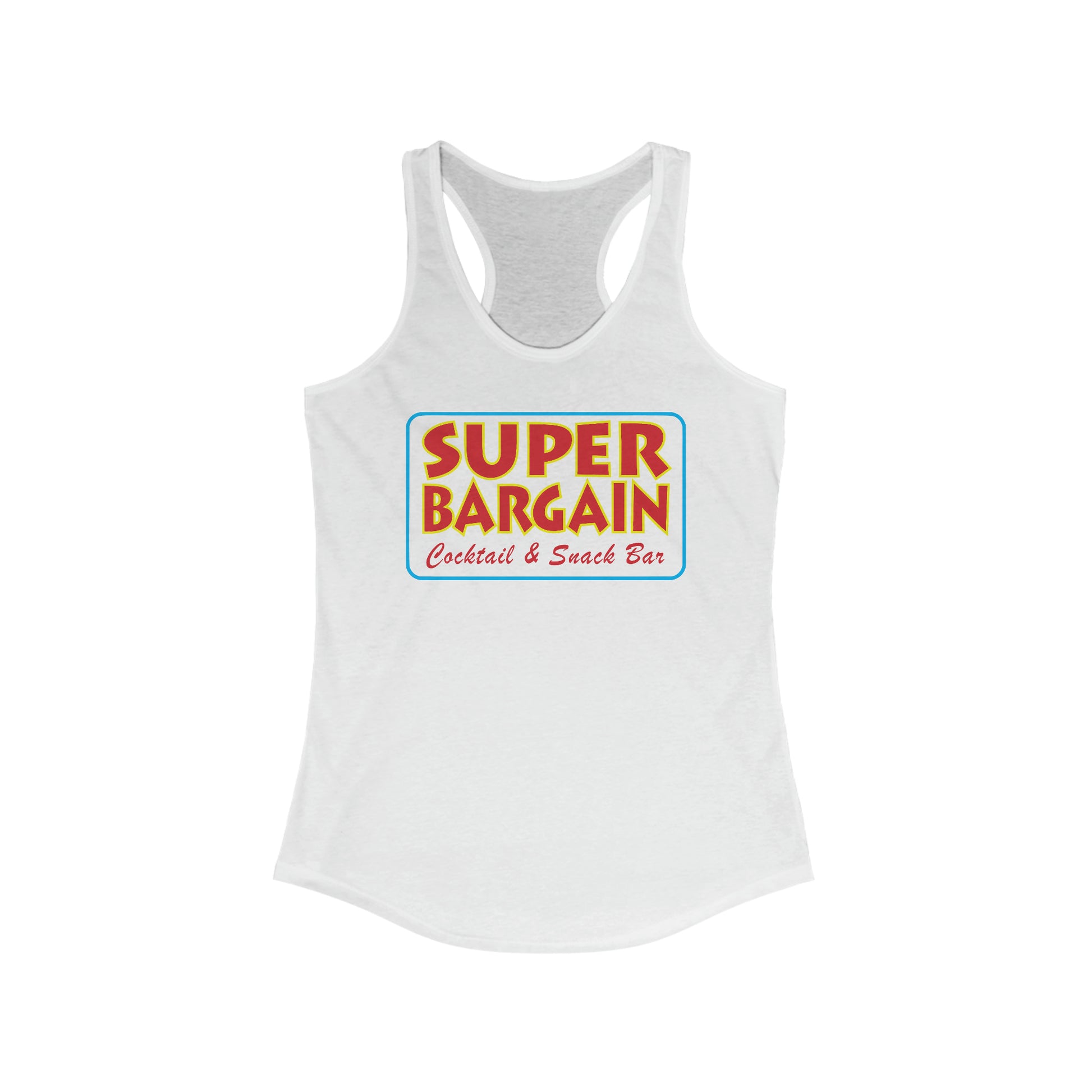 A Printify Women's Logo Racerback Tank with a colorful logo that reads "SUPER BARGAIN, Cocktail & Snack Bar" in red, yellow, and green text on the chest, featuring a subtle nod to Toronto's Cabbagetown.