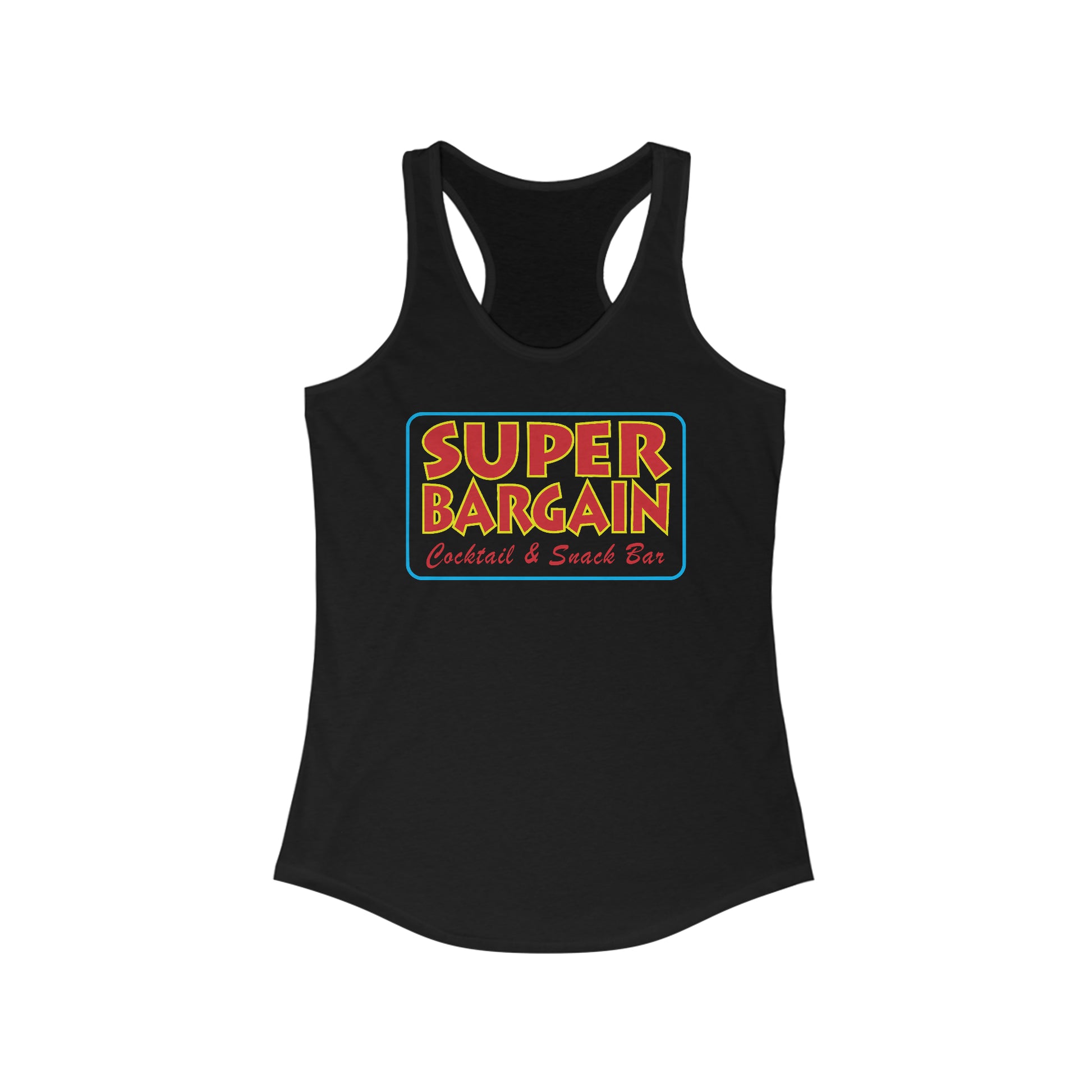 Black Printify Women's Logo Racerback Tank featuring a colorful logo that reads "SUPER BARGAIN Cocktail & Snack Bar - Cabbagetown, Toronto" in bold, retro-style lettering. The background colors of the logo are green, yellow, and red.