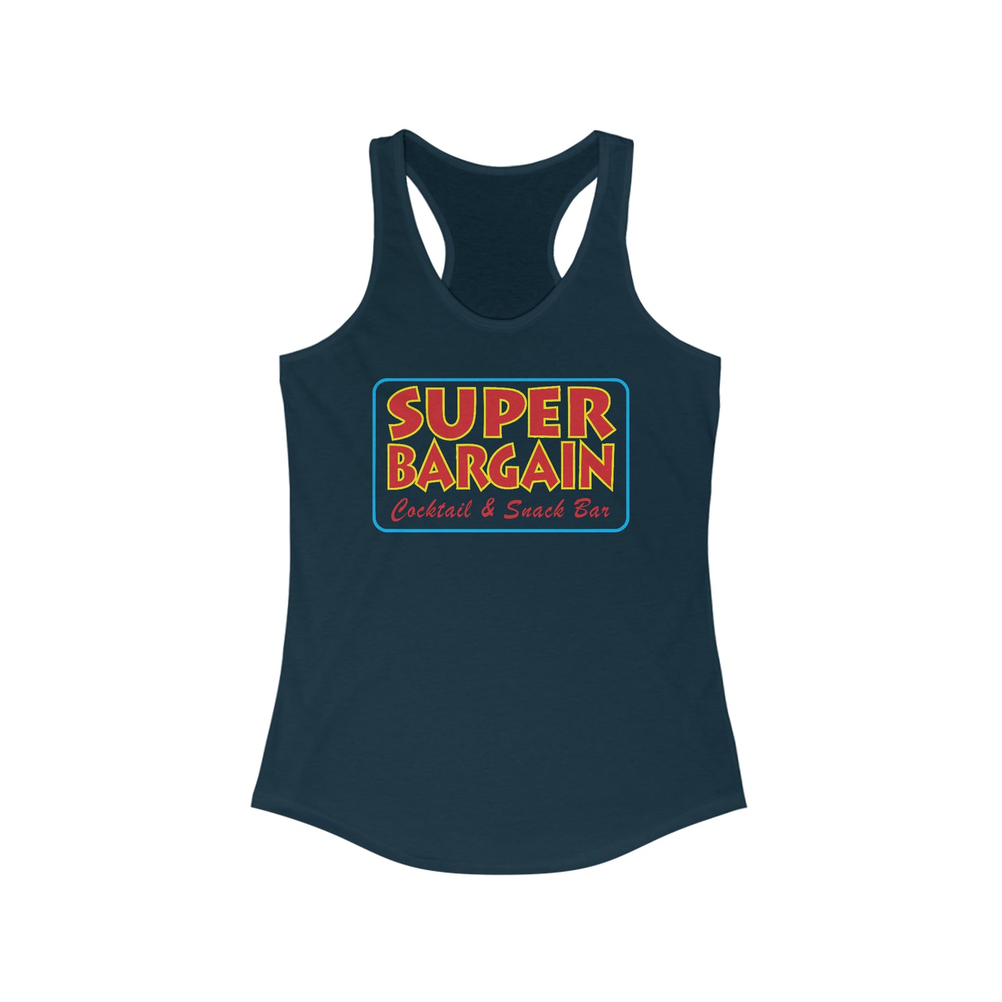 A navy blue Women's Logo Racerback Tank featuring a colorful design with the words "SUPER BARGAIN Cocktail & Snack Bar - Toronto" in bold, retro-style lettering on the front by Printify.